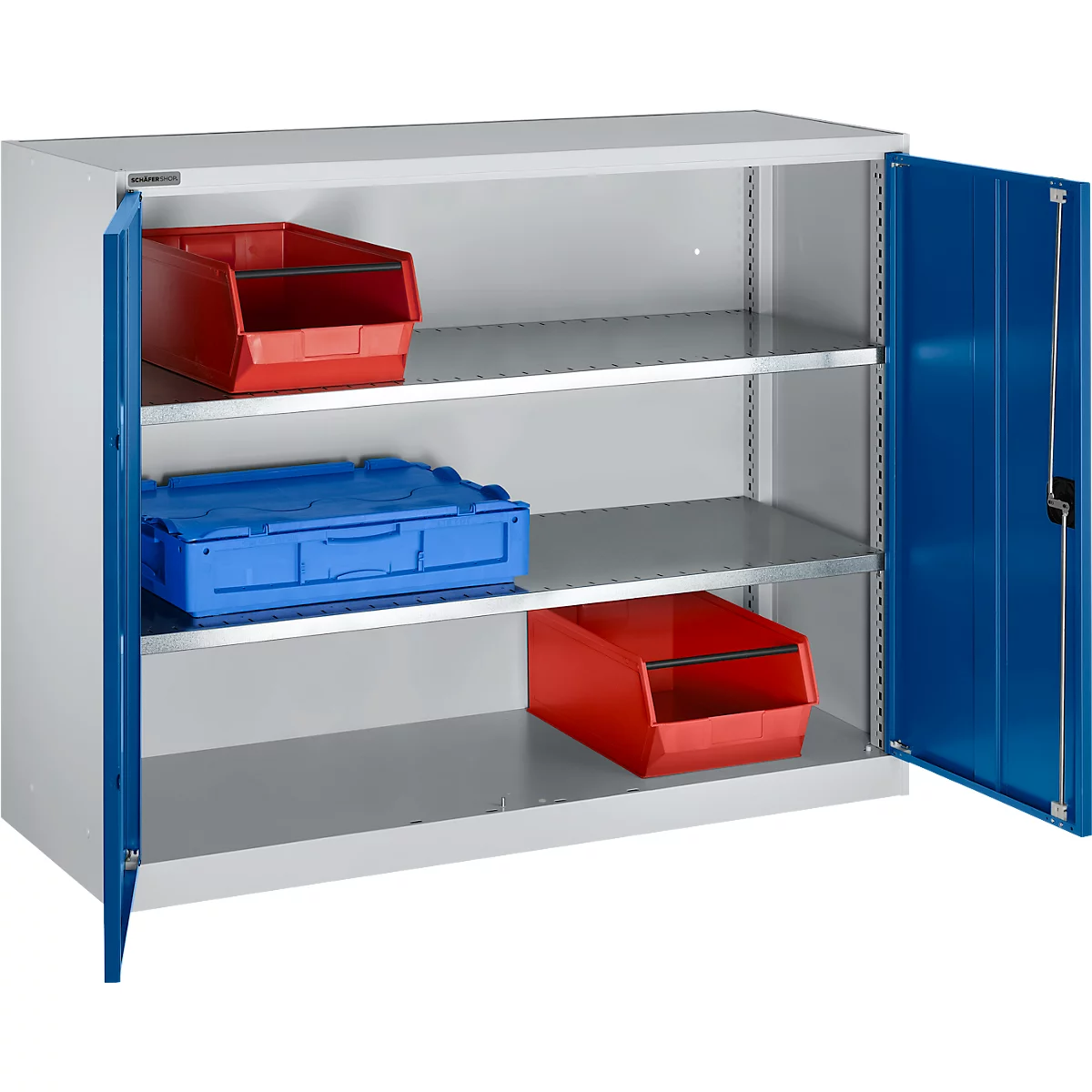 Draaideurkast Schäfer Shop Select MS-i 12412, plaatstaal, B 1200 x D 400 x H 1215 mm, 3 OH, aluminium wit/ gentiaanblauw, tot 150 kg 