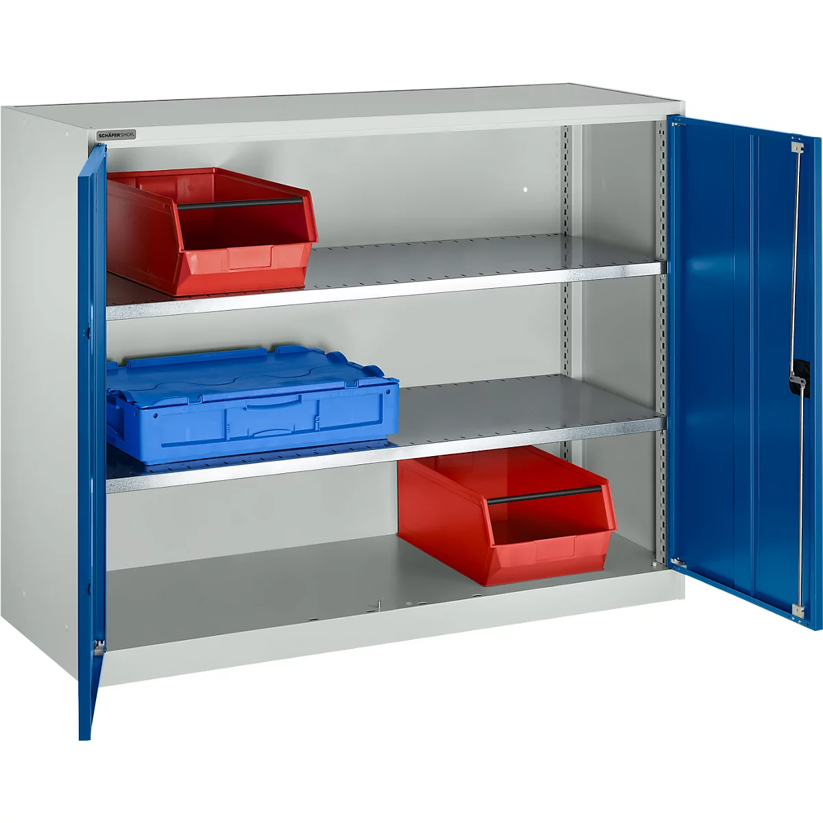 Draaideurkast Schäfer Shop Select MS-i 12412, plaatstaal, B 1200 x D 400 x H 1215 mm, 3 OH, lichtgrijs/gentiaanblauw, tot 150 kg 