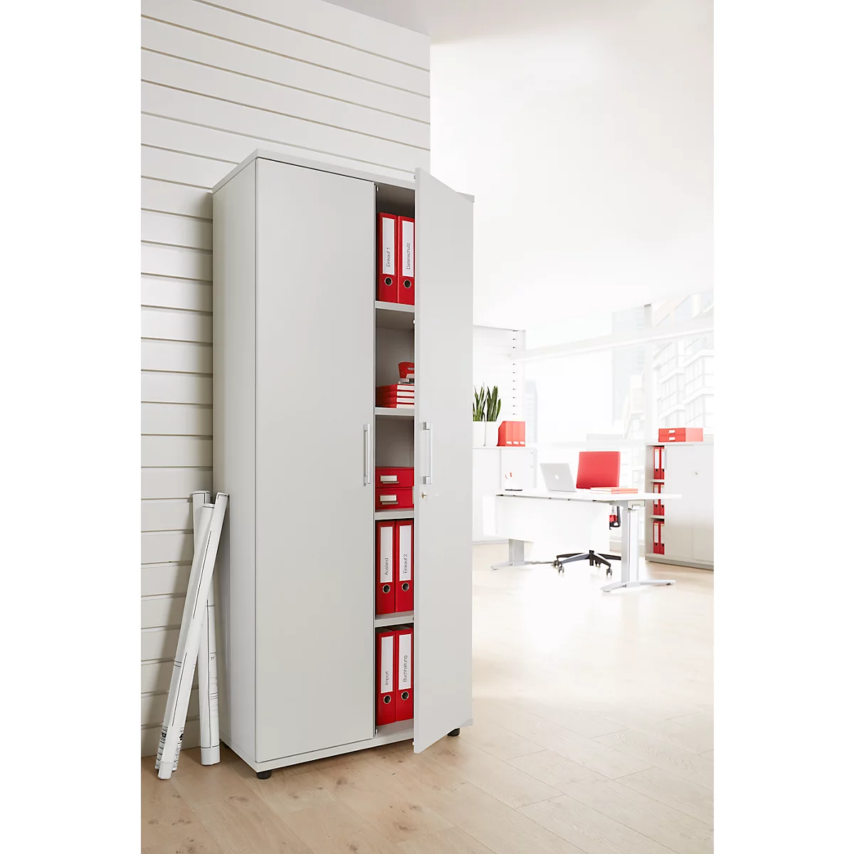 Draaideurkast TETRIS WOOD – B 800 x D 421 x H 1910 mm (hoogte inclusief glijders) – 5 OH - lichtgrijs – ons merk Schäfer Shop Genius