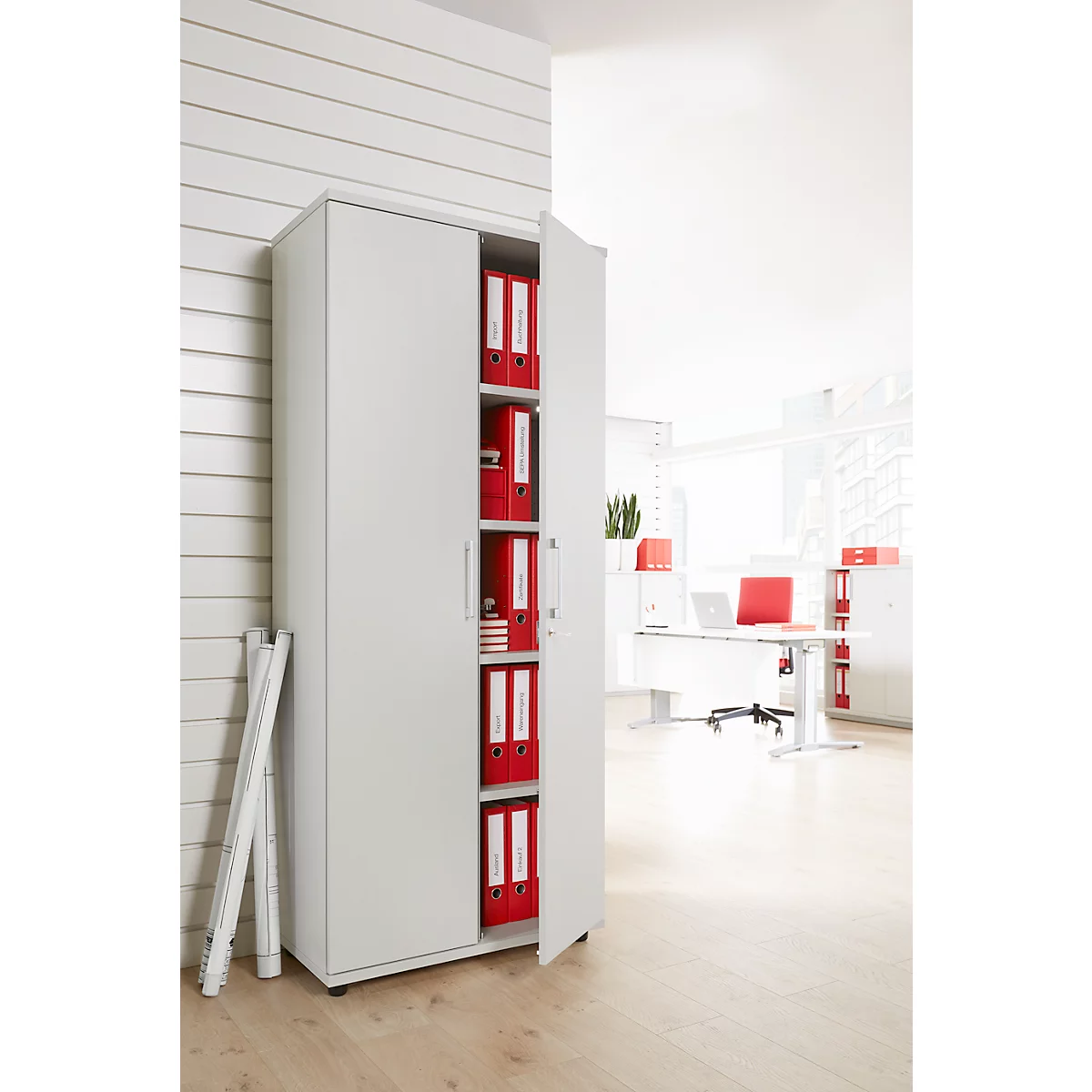 Draaideurkast TETRIS WOOD – B 800 x D 421 x H 1910 mm (hoogte inclusief glijders) – 5 OH - lichtgrijs – ons merk Schäfer Shop Genius
