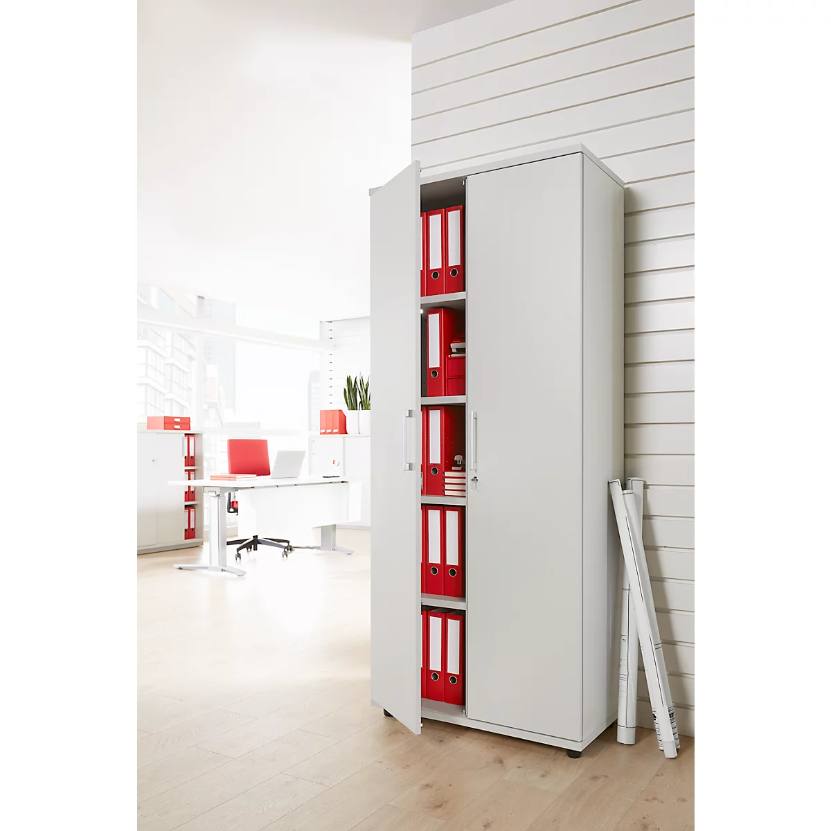 Draaideurkast TETRIS WOOD – B 800 x D 421 x H 1910 mm (hoogte inclusief glijders) – 5 OH - lichtgrijs – ons merk Schäfer Shop Genius