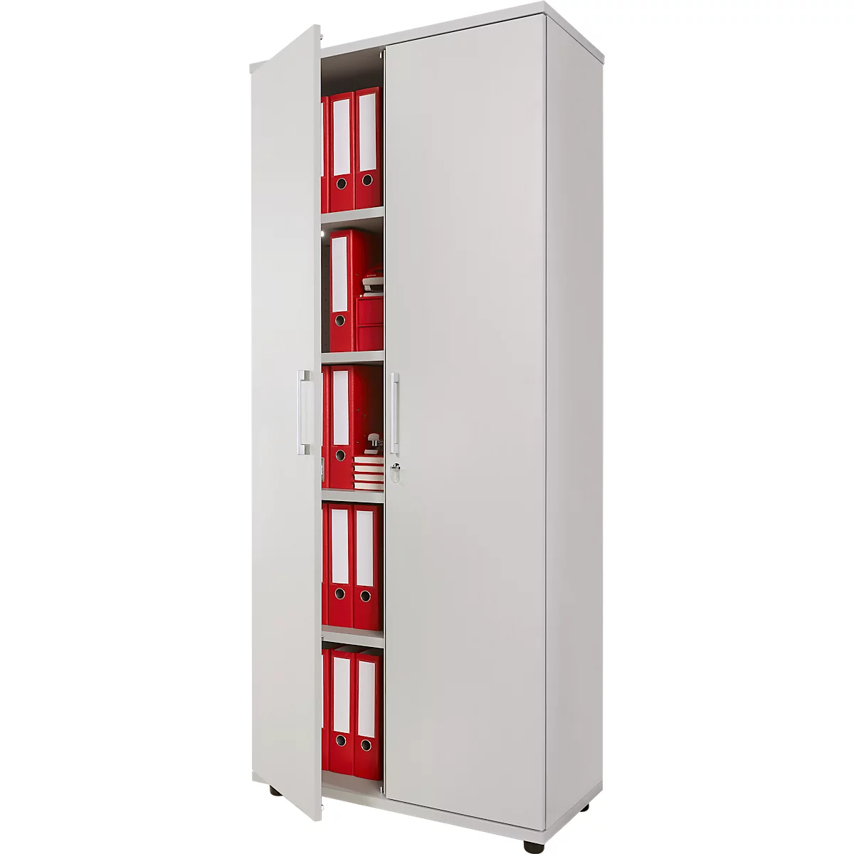 Draaideurkast TETRIS WOOD – B 800 x D 421 x H 1910 mm (hoogte inclusief glijders) – 5 OH - lichtgrijs – ons merk Schäfer Shop Genius