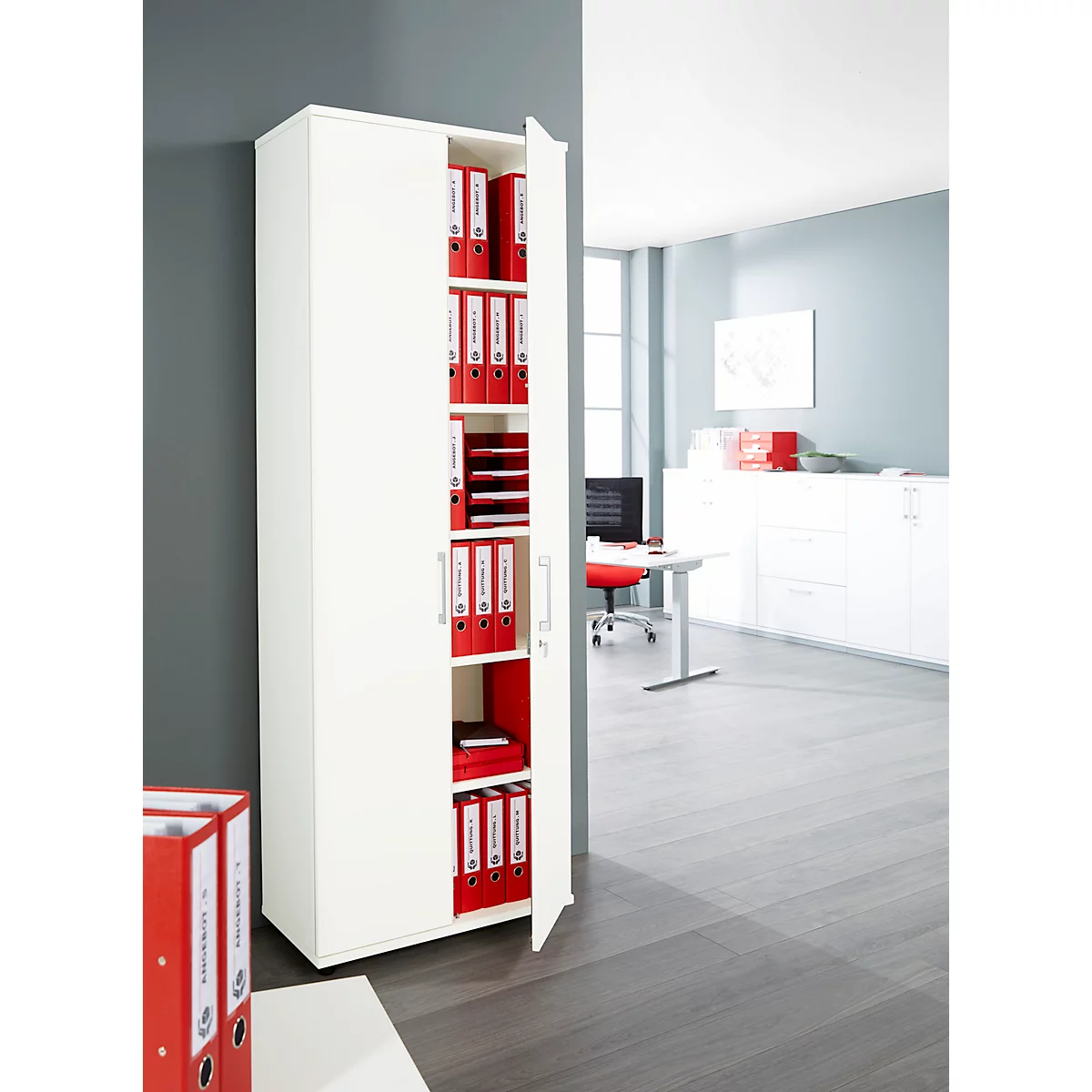 Draaideurkast TETRIS WOOD – B 800 x D 421 x H 2270 mm (hoogte inclusief glijders) - 6 OH - wit - ons merk Schäfer Shop Genius