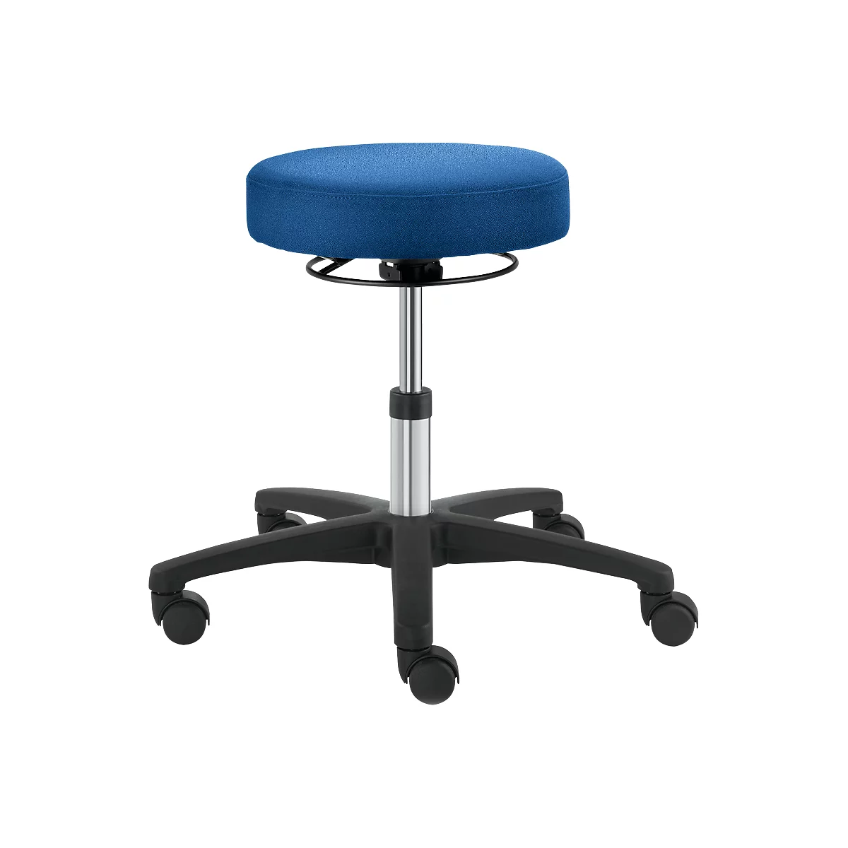 Ronde, blauwe kruk op wielen, zilveren kolom, zwarte voet.