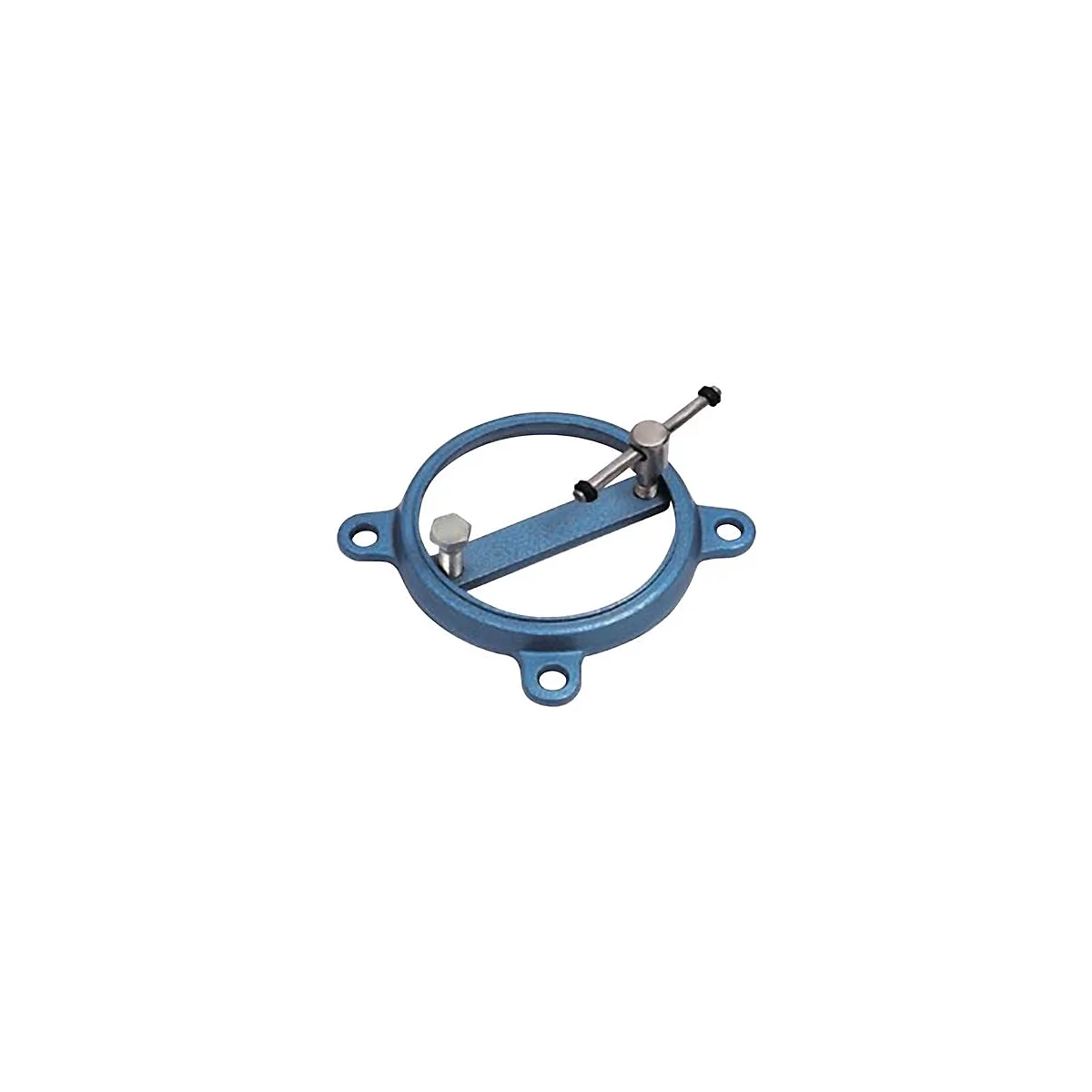 Blau metalen bankschroef, cirkelvormig. Twee schroeven voor afstelling. Beugel met schroefdraad, pen en twee gaten.