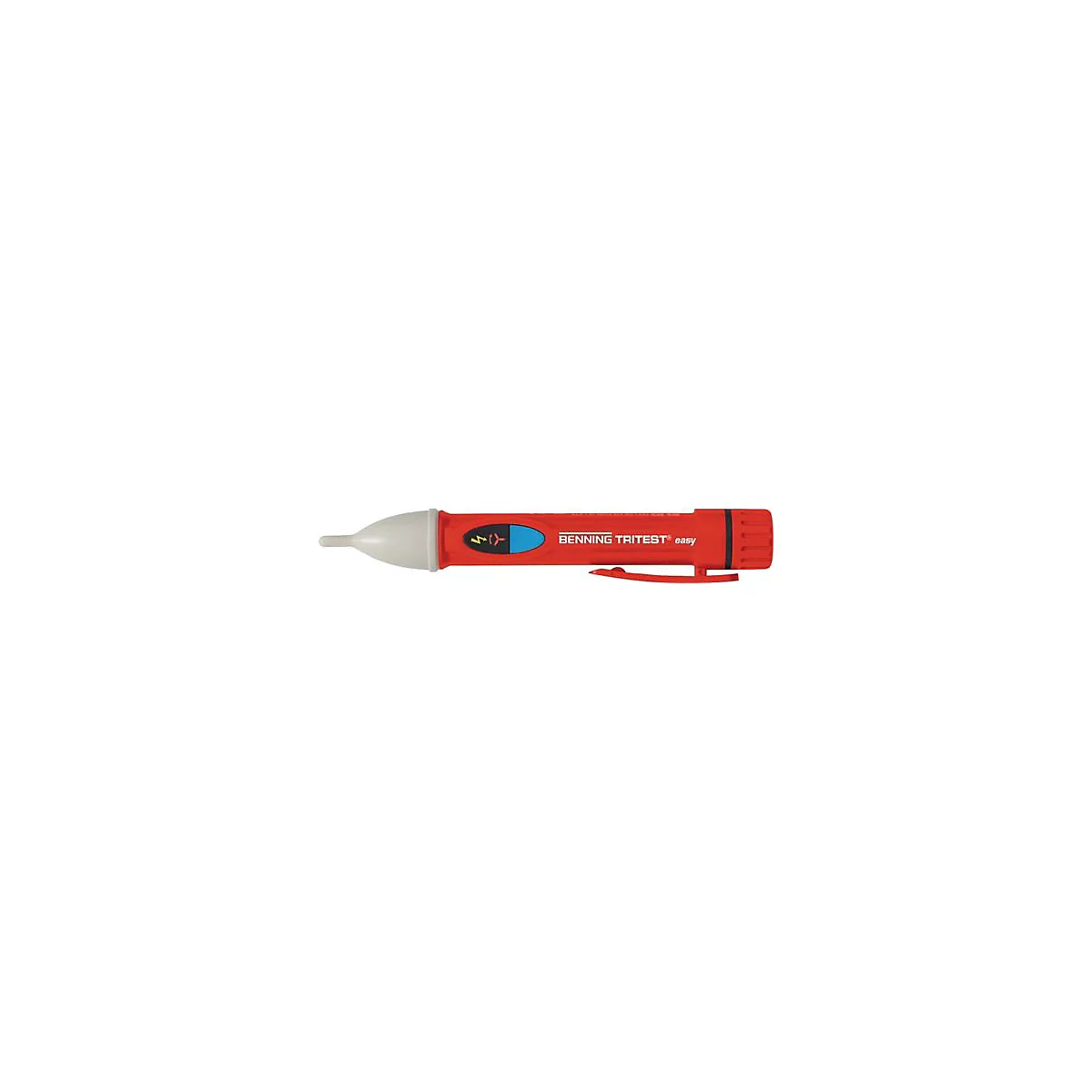 Een rode spanningstester met witte punt en zilveren clip, met "BENNING TRITEST easy."