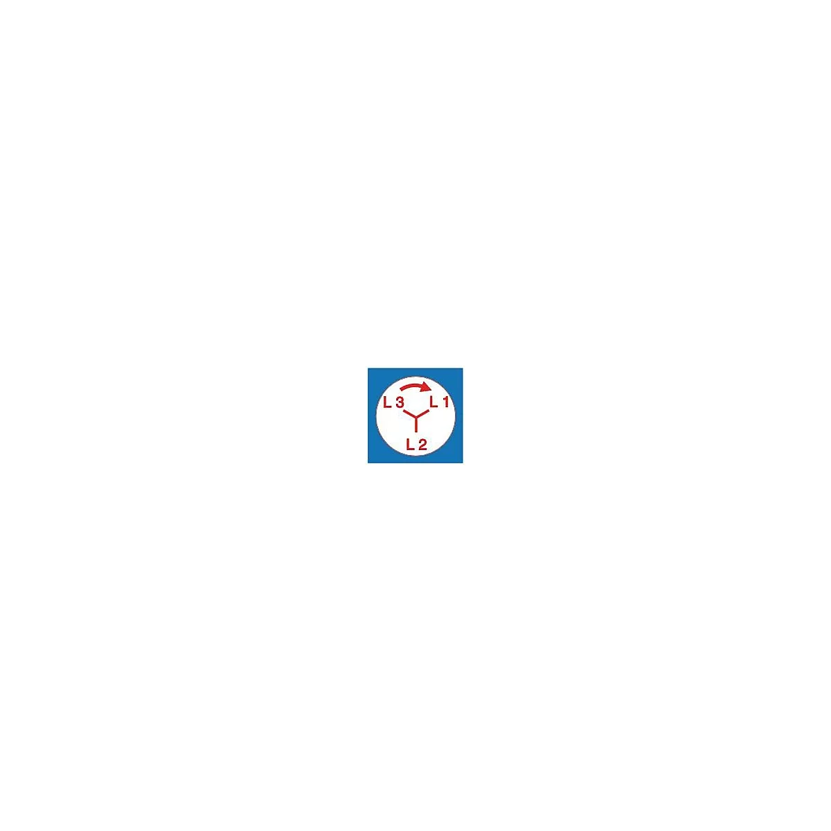 Symbool van een driefaseaansluiting: Een wit cirkelvormig symbool met de letters L1, L2 en L3, verbonden door lijnen. Een rode pijl geeft de draairichting aan.