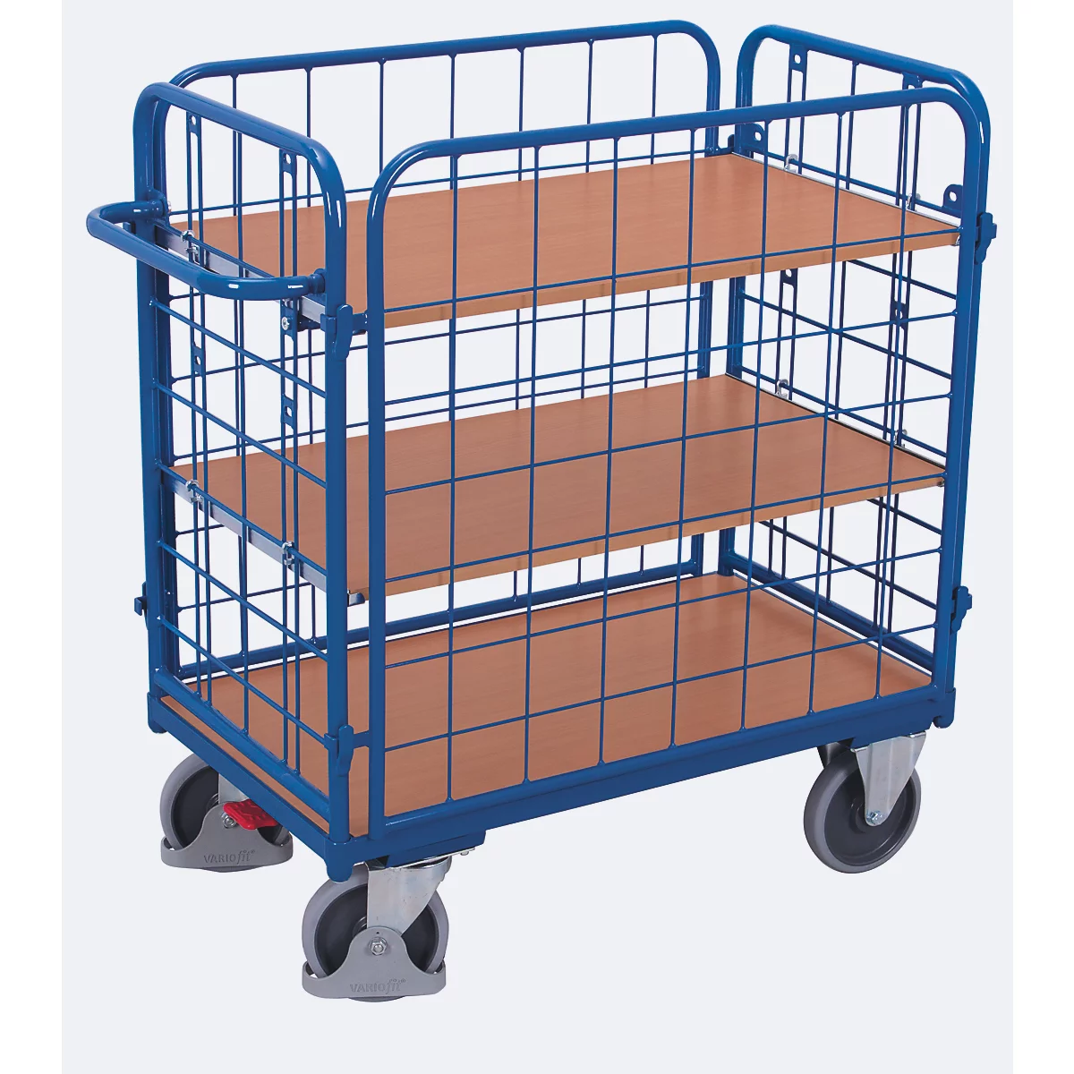 Drahtgitter-Etagenwagen, Stahl/MDF-Platte, Enzianblau/Buche-Dekor, 1 Etage, 1000 x 600 mm, einhängbare Längswände, EasySTOP, bis 500 kg