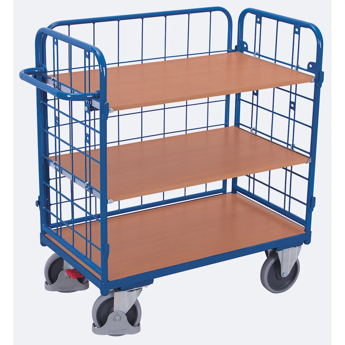 Drahtgitter-Etagenwagen, Stahl/MDF-Platte, Enzianblau/Buche-Dekor, 1 Etage, 1200 x 800 mm, einhängbare Längswand, EasySTOP, bis 500 kg