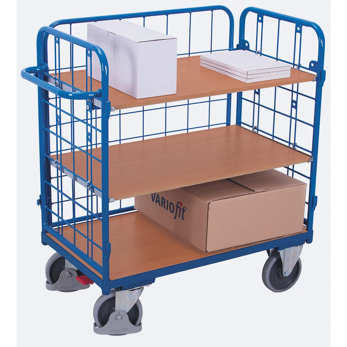 Drahtgitter-Etagenwagen, Stahl/MDF-Platte, Enzianblau/Buche-Dekor, 1 Etage, 1200 x 800 mm, einhängbare Längswand, EasySTOP, bis 500 kg