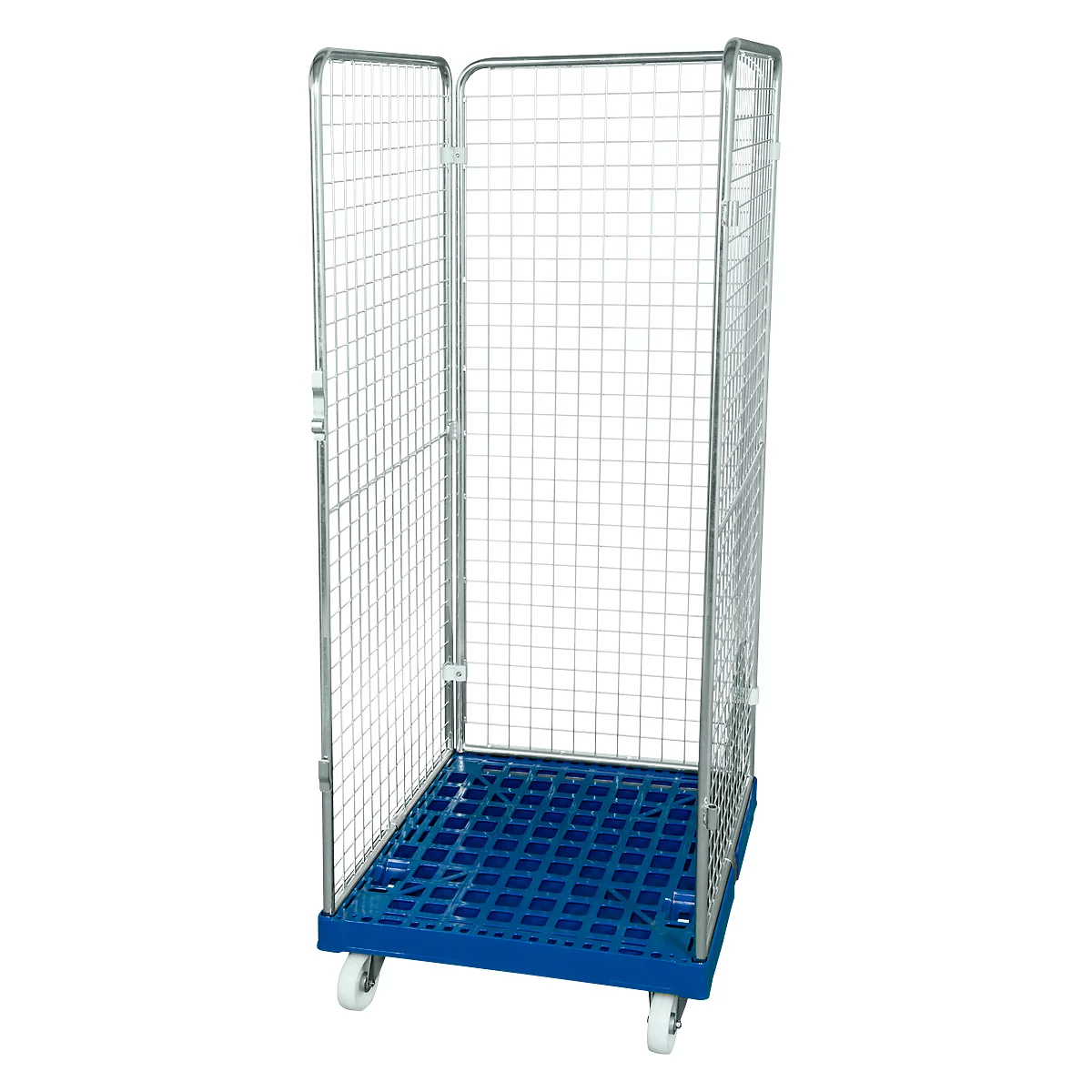 Drahtgitterbehälter 3-seitig, 1600 auf Kunststoffrollbehälter, enzianblau RAL 5010