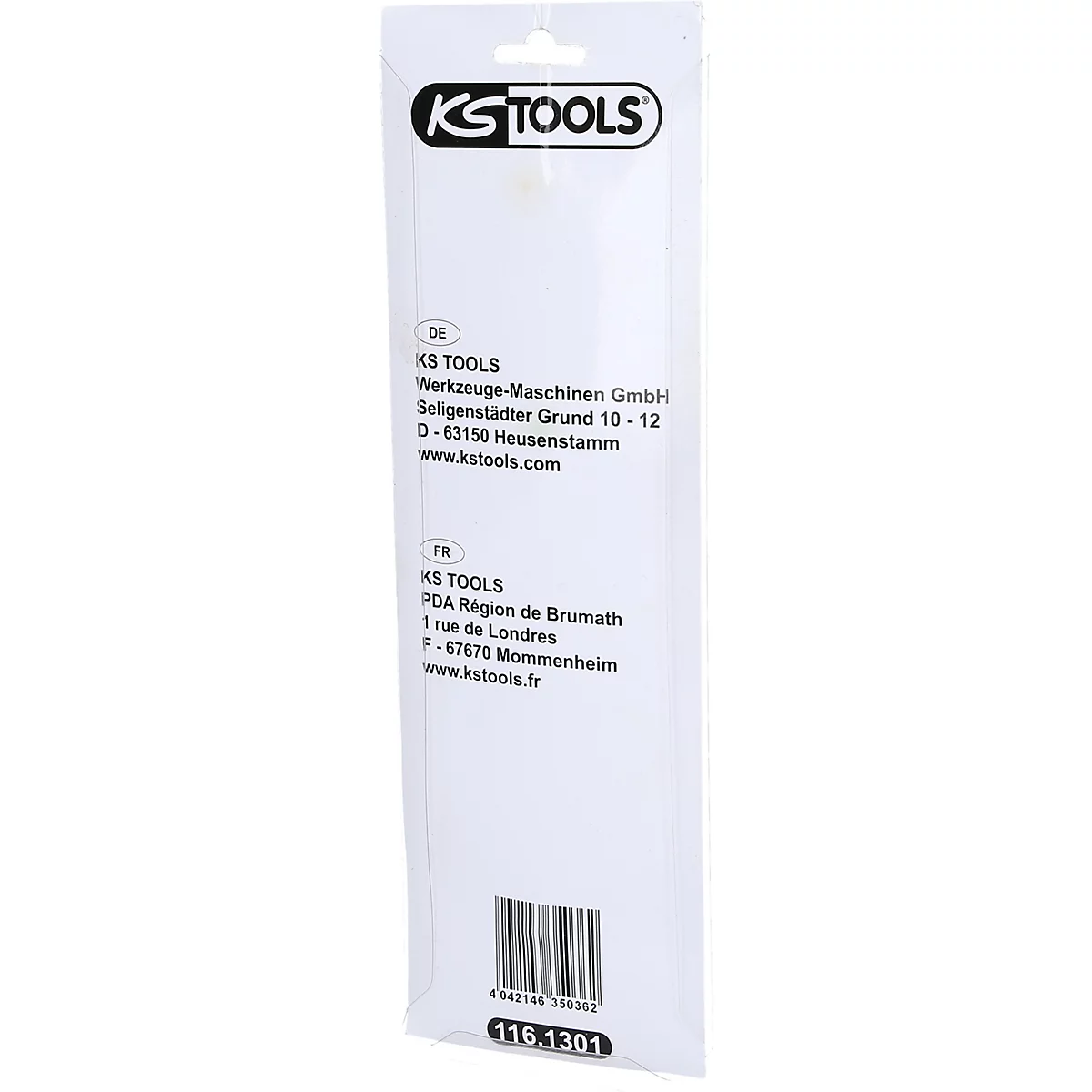 Die Rückseite einer Werkzeugverpackung. Oben steht der Name „KS TOOLS“. Darunter stehen die Kontaktinformationen des Unternehmens.