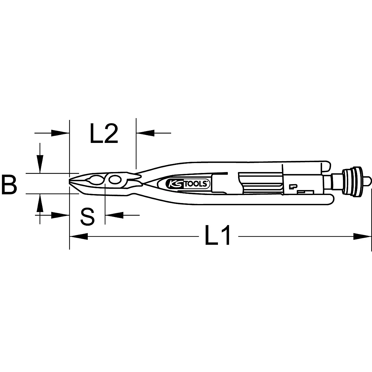Zeichnung einer Zange. Es sind Maße mit den Bezeichnungen L1, L2, B und S eingezeichnet. Auf der Zange befindet sich der Schriftzug KS TOOLS.