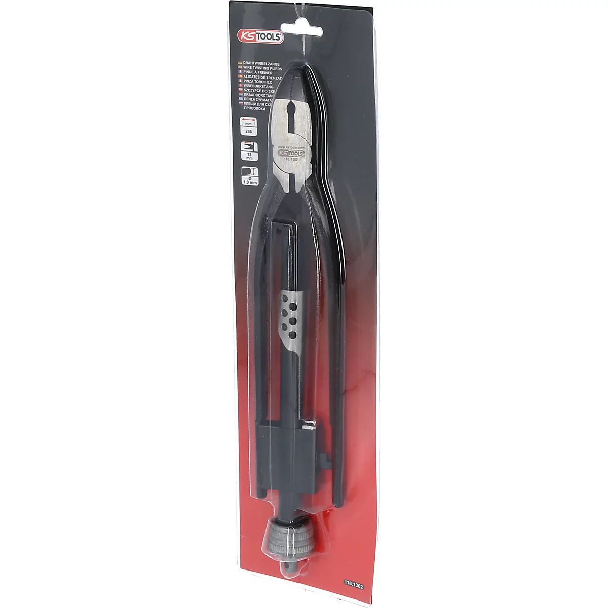 Zange in schwarzer Verpackung. Oben links KS TOOLS Logo. Die Zange ist silber und schwarz.