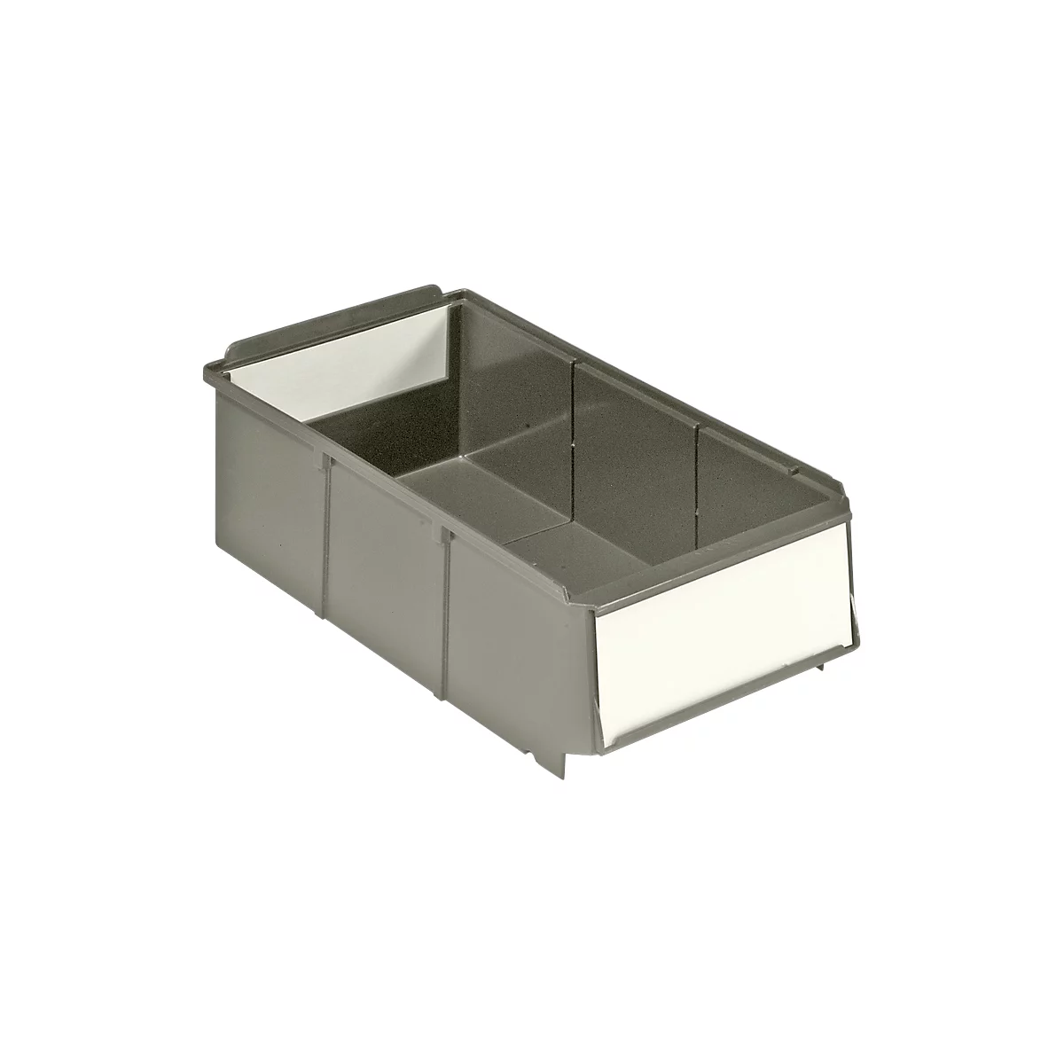 Gray plastic box with white label. The interior is divided into three compartments. View from a slightly elevated perspective.