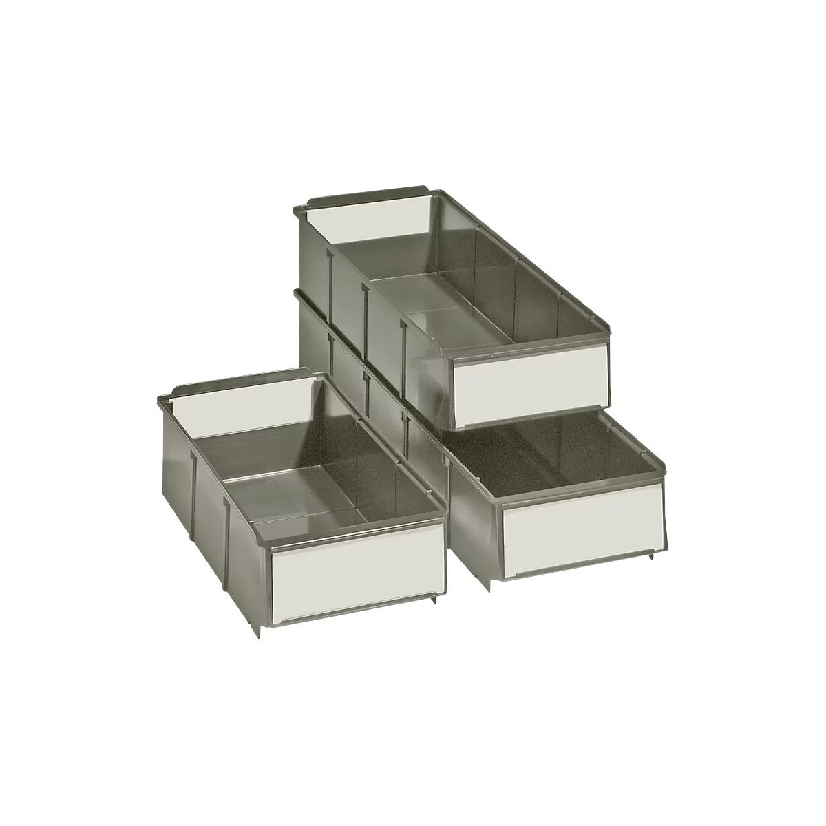 Stackable, rectangular metal containers with white label fields.