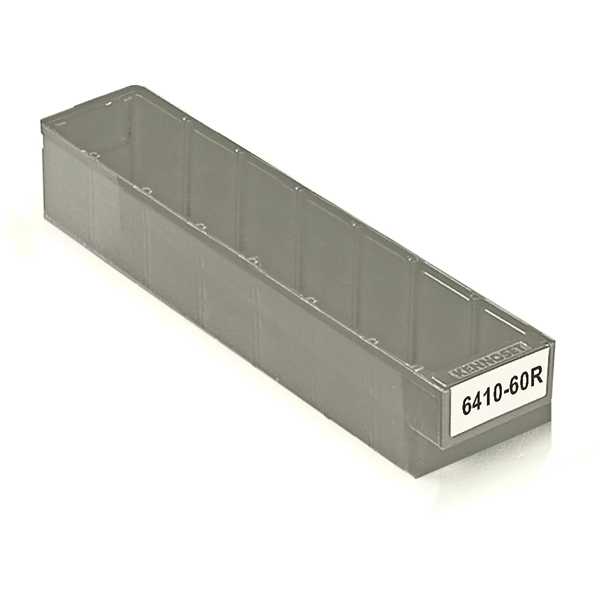 Gray plastic storage bin labeled 6410-60R.