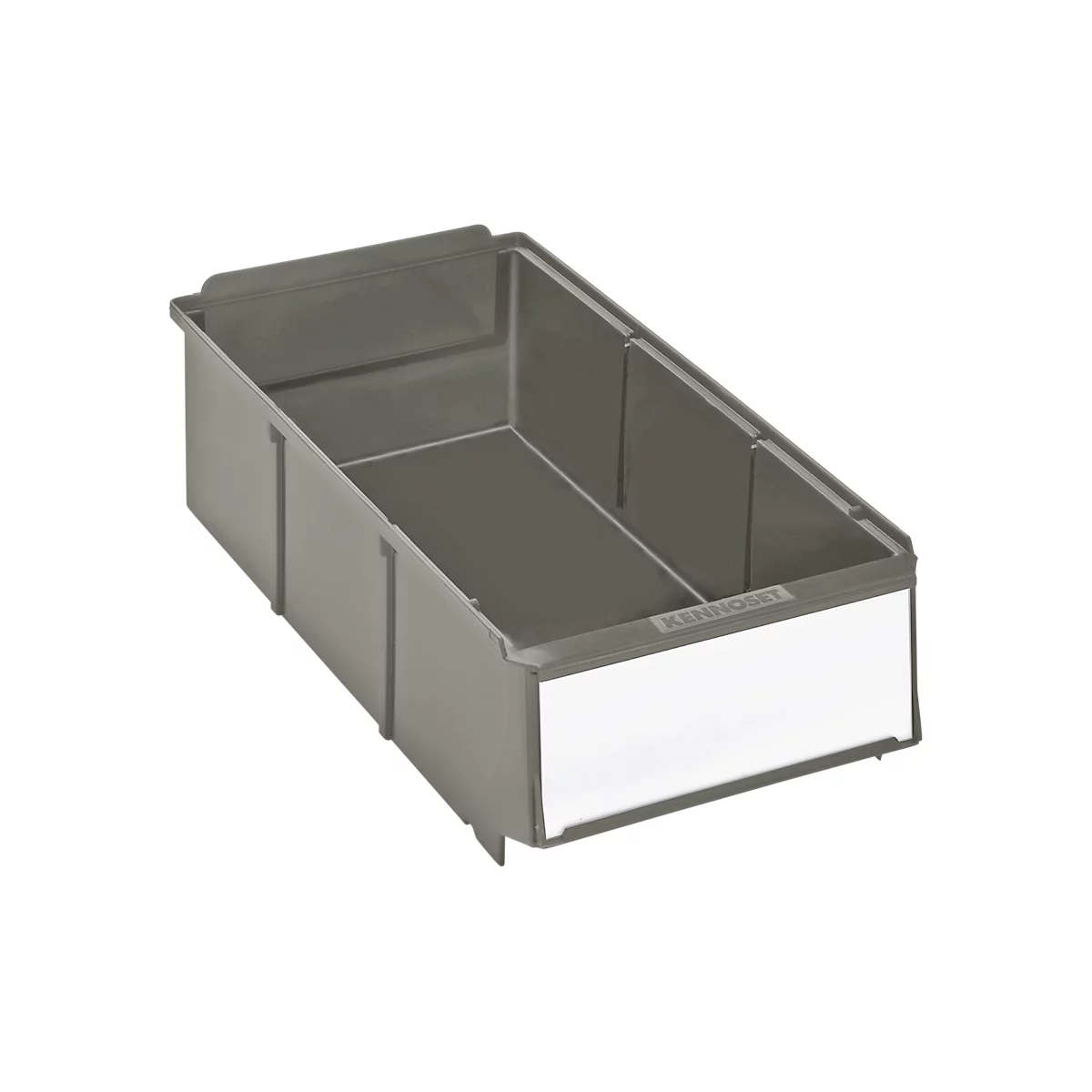 Gray storage box with large label. Angular shape, without content, against a white background.