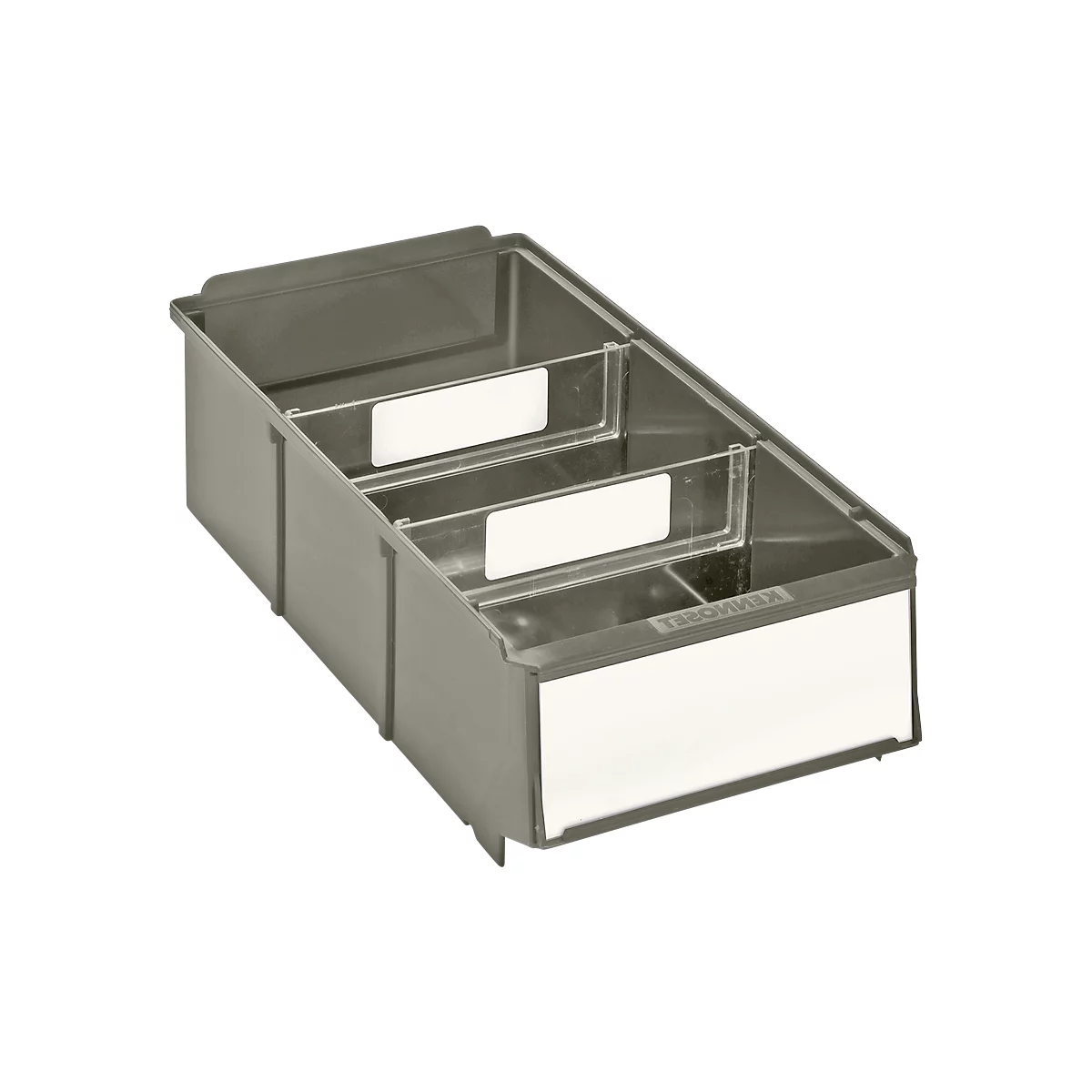 Gray plastic organizer, three-part, with white labels and transparent dividers.