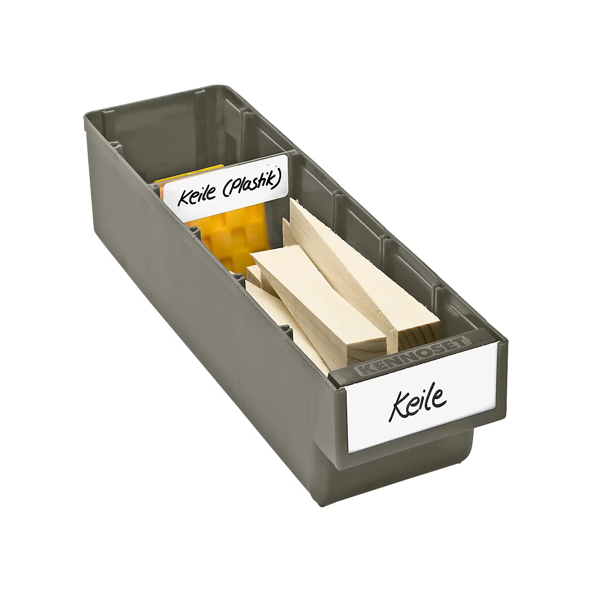 Gray plastic box containing wooden and plastic wedges. Labeled: Wedges (Plastic) and Wedges.
