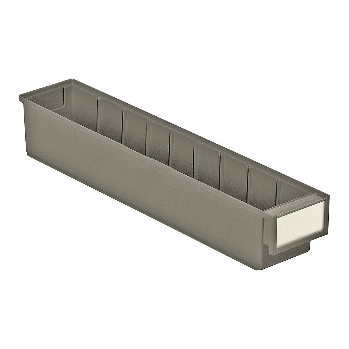 Grey, oblong storage box with dividers and a label area.