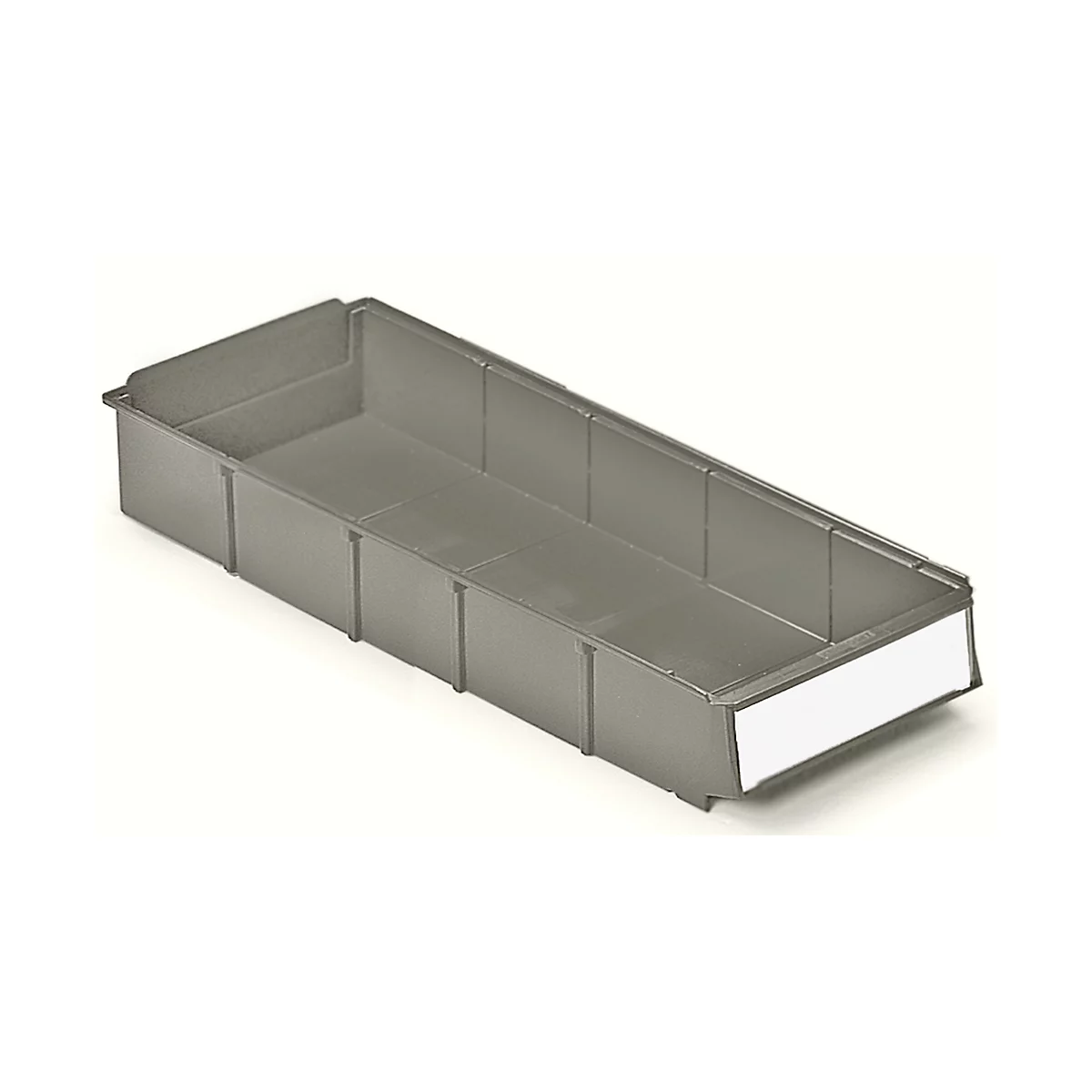 Gray plastic box, rectangular, with a white label. It stands on a white background.