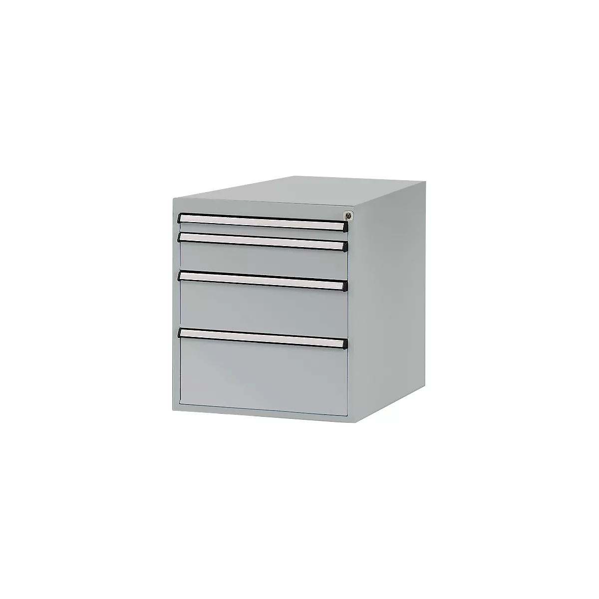 Grey filing cabinet with 4 drawers. Each drawer has a silver handle. A keyhole is on the top.