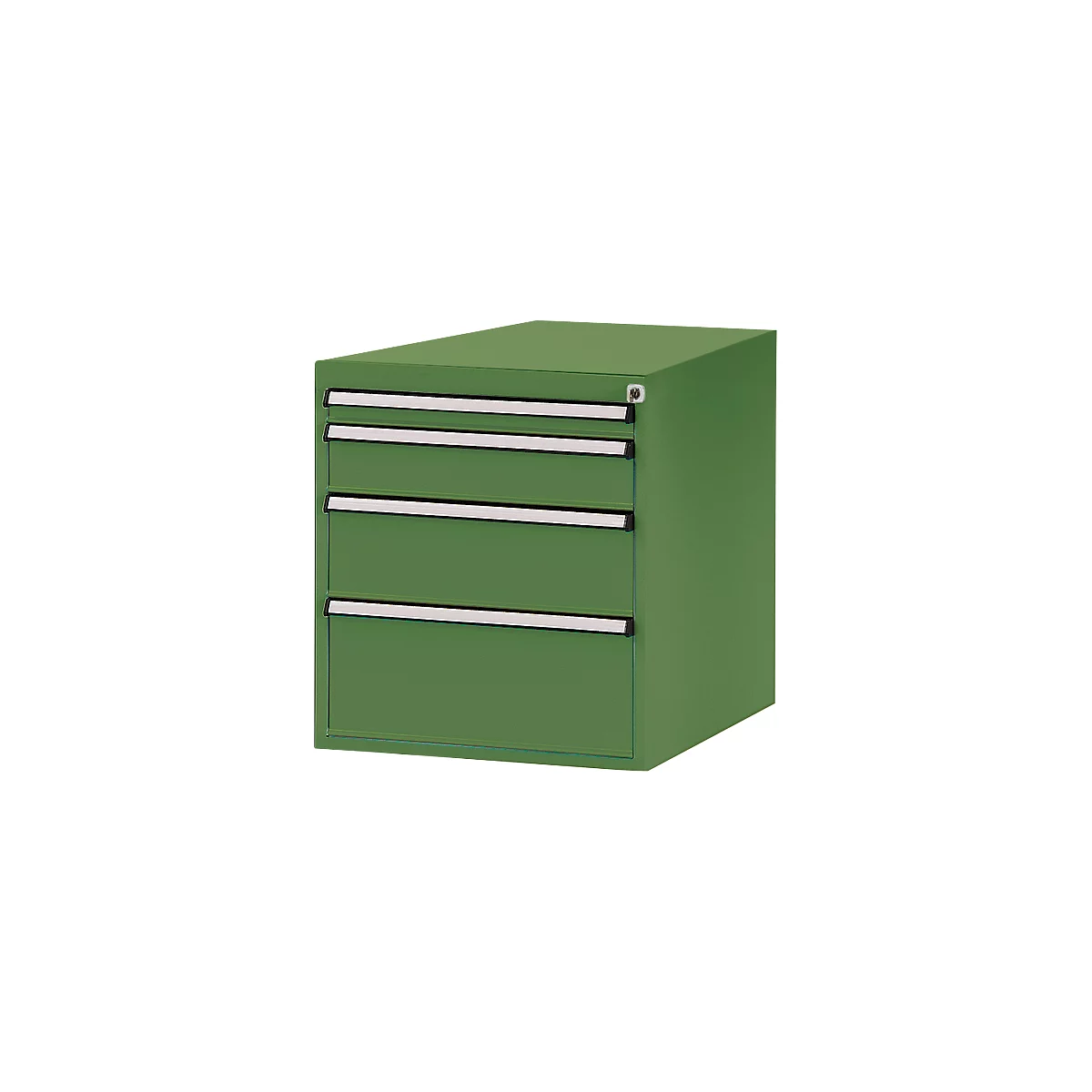 Green tool cabinet with four drawers, silver handles and a keyhole.