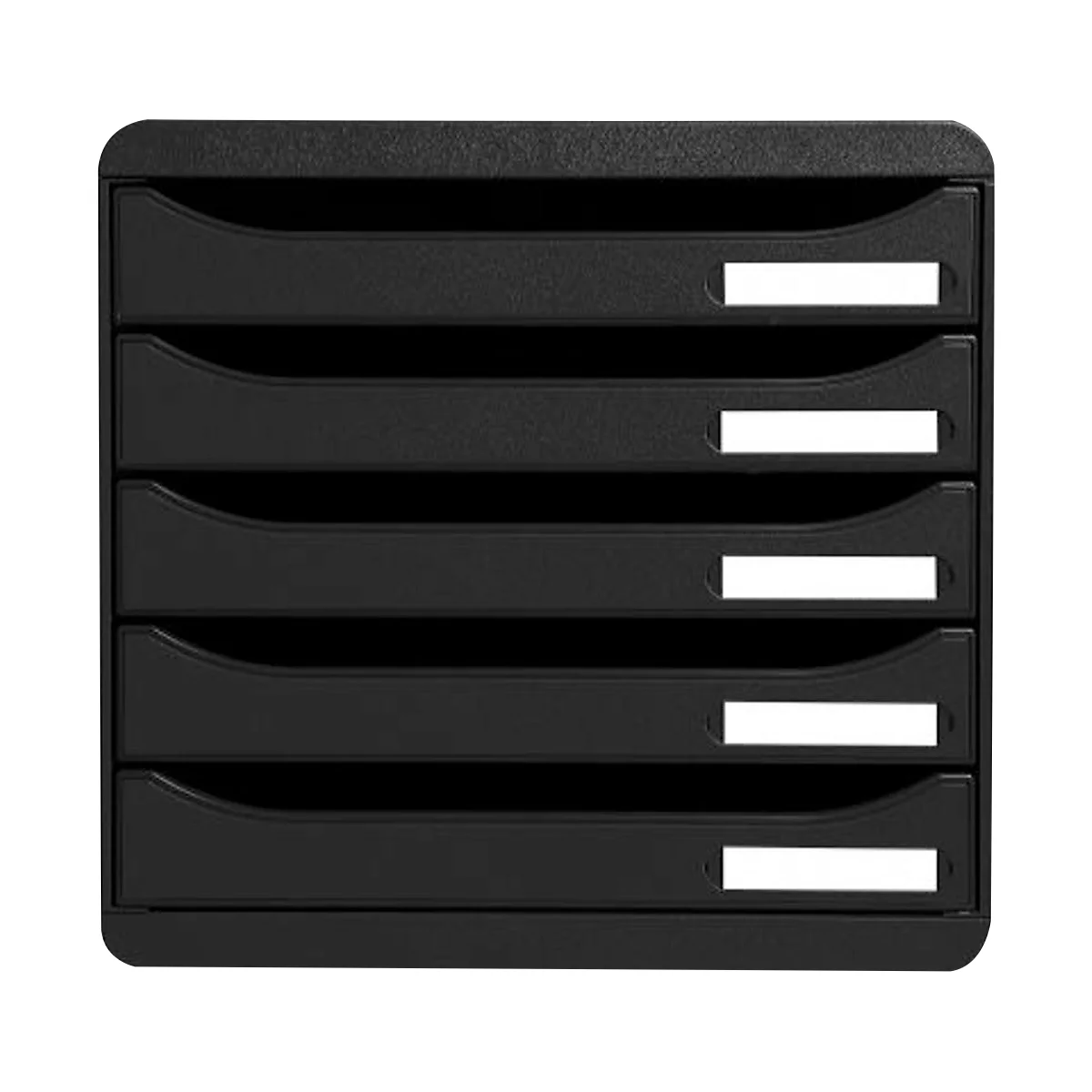 Black letter tray with 5 compartments and white labels.
