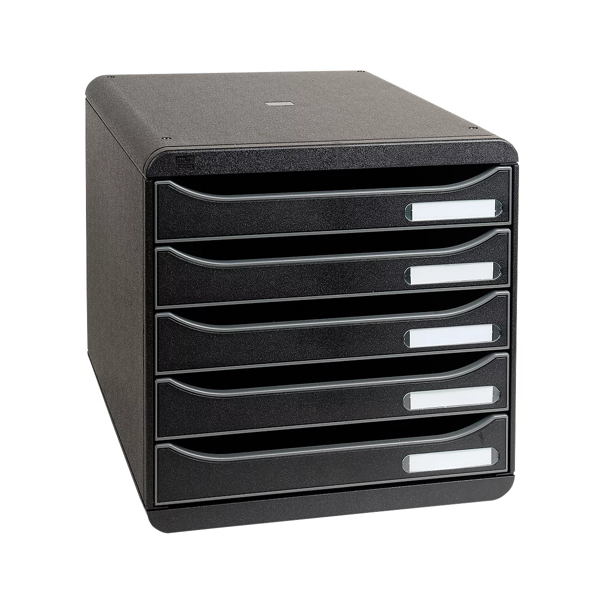 Black file cabinet with five drawers and white labels. Rounded corners, minimalist design.
