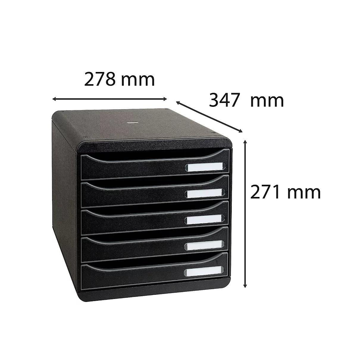 Black drawer cabinet with 5 drawers and dimensions: 278 mm x 347 mm x 271 mm.