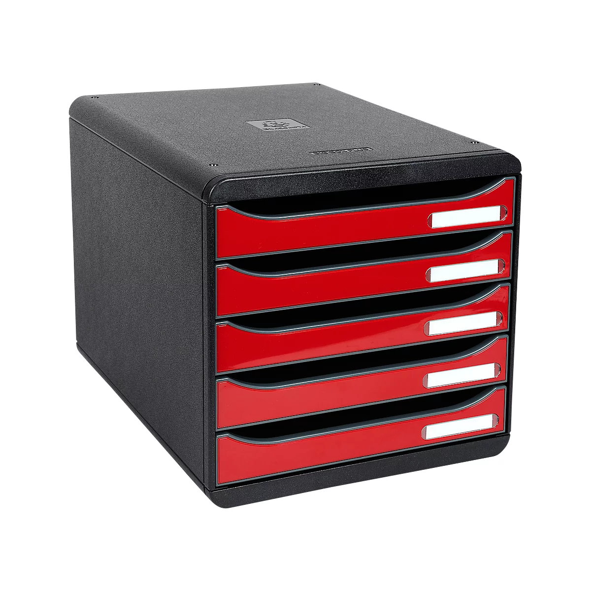 Black letter tray with five red drawers and white labeling fields.