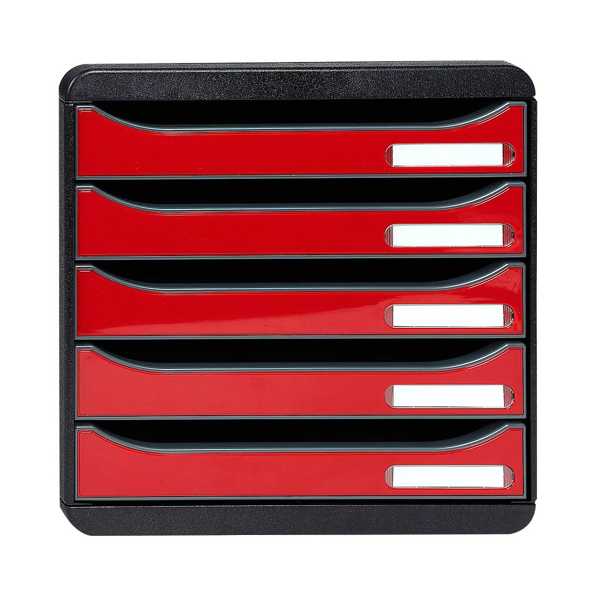 Black and red letter tray with 5 compartments, label holders.