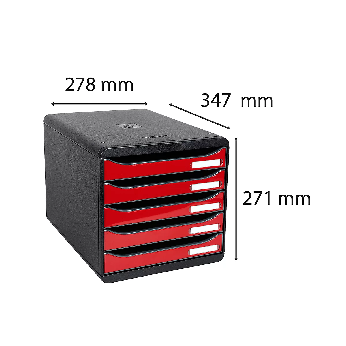 Black office drawer cabinet with red drawers and size indications. Labelling fields in white.