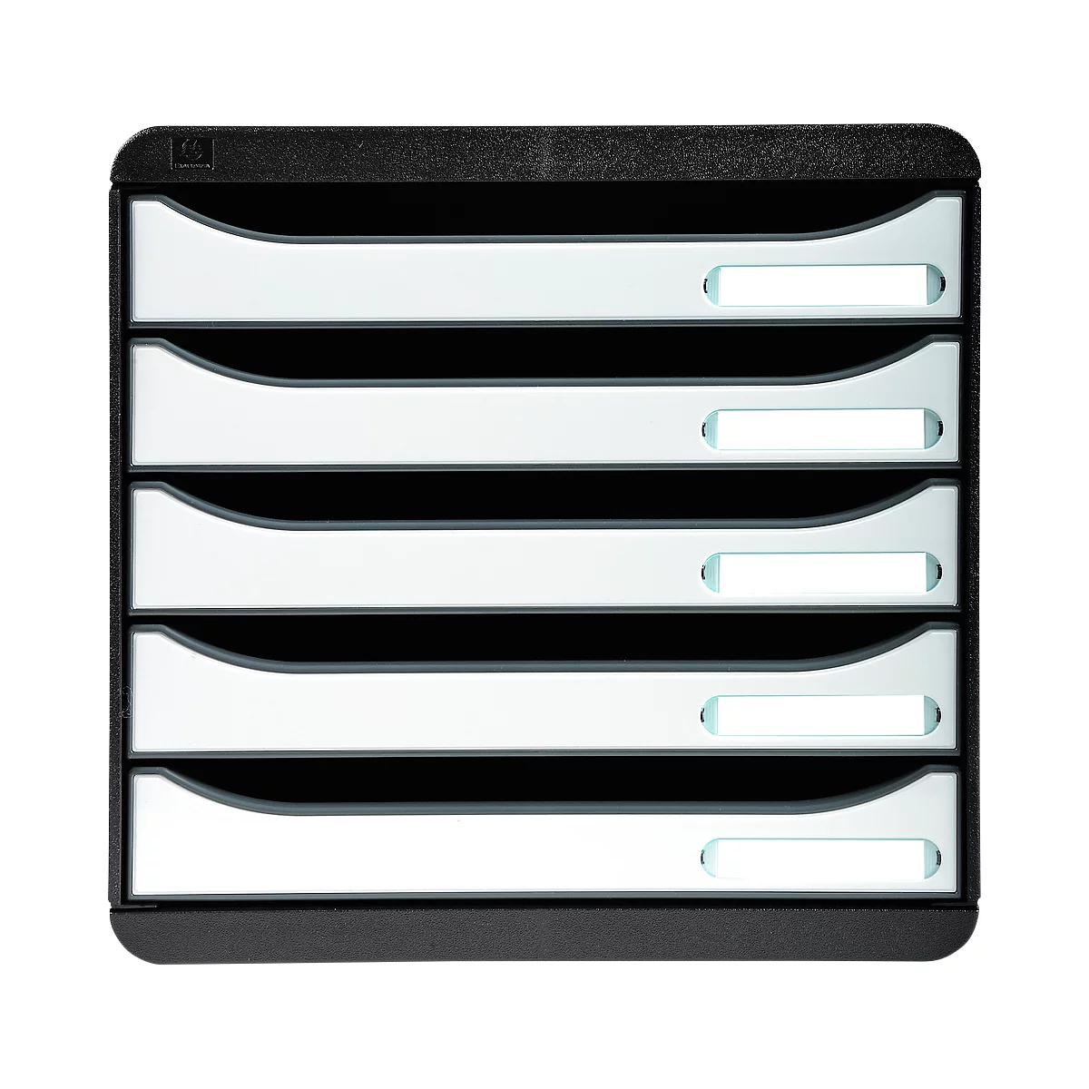 Black multi-tiered document filing system. It has five white drawers with small rectangular labels.