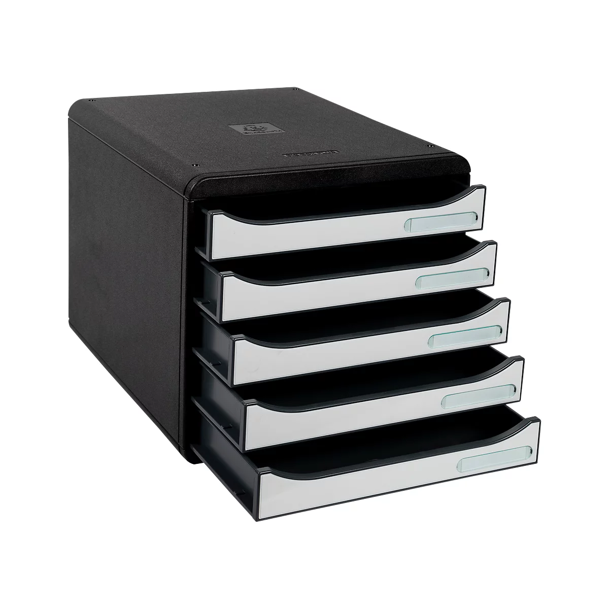 Black office filing cabinet with five drawers, partially open. Drawers with silver handles.