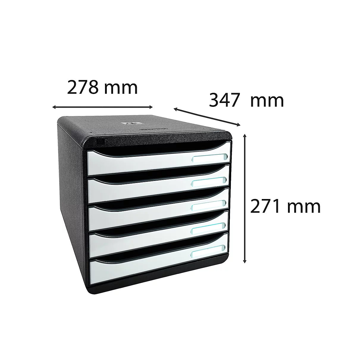 Black office filing cabinet with 5 drawers. Dimensions 278 x 347 x 271 mm are indicated.