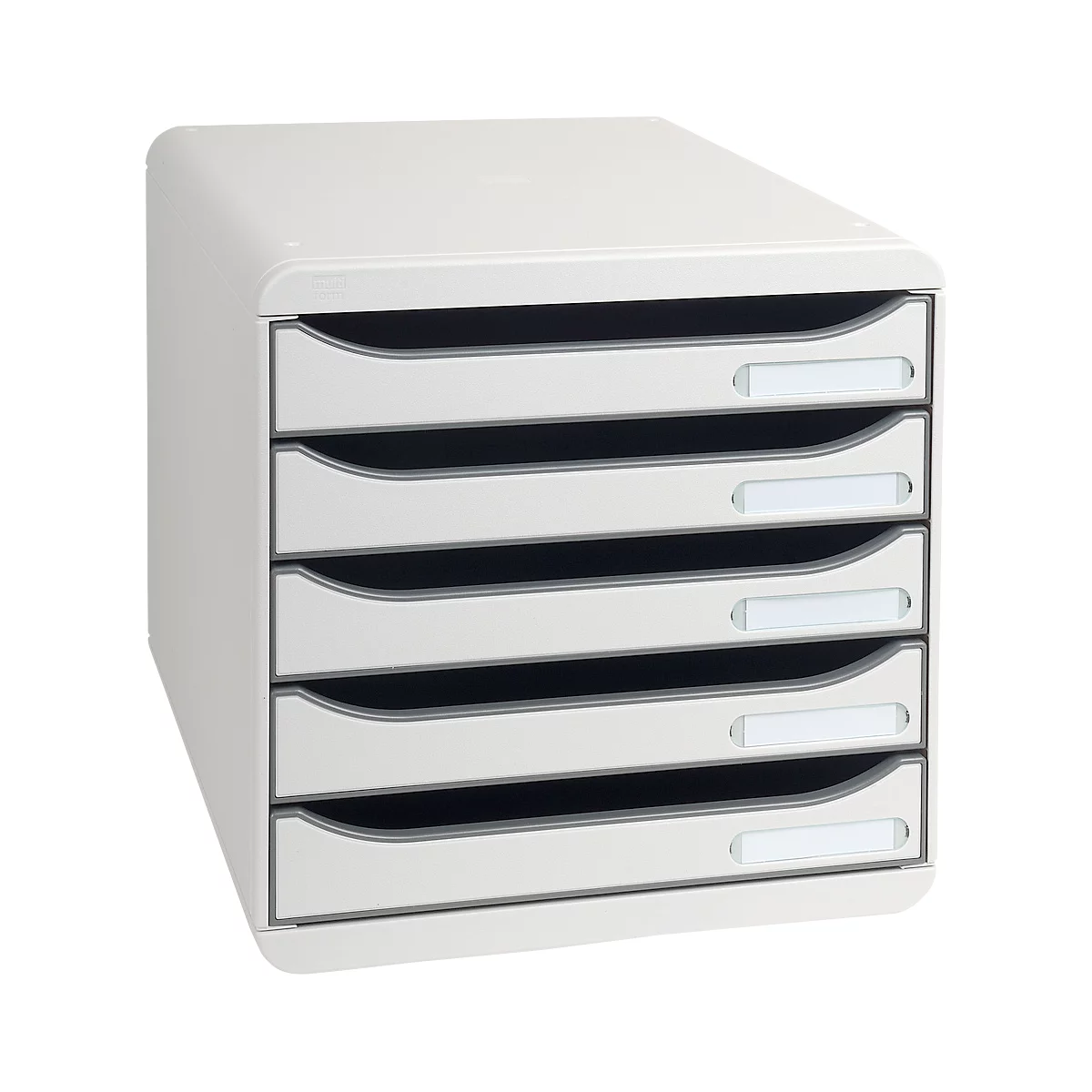 White office filing system with five drawers, each with a label field.