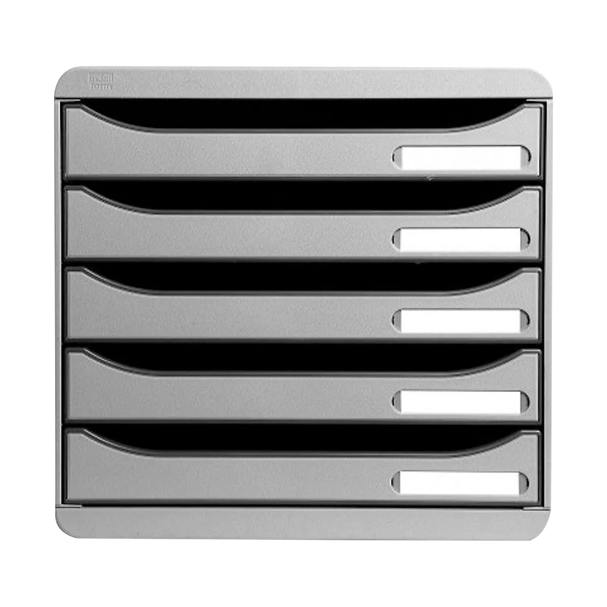 Gray letter tray with five compartments, each with a white name tag.