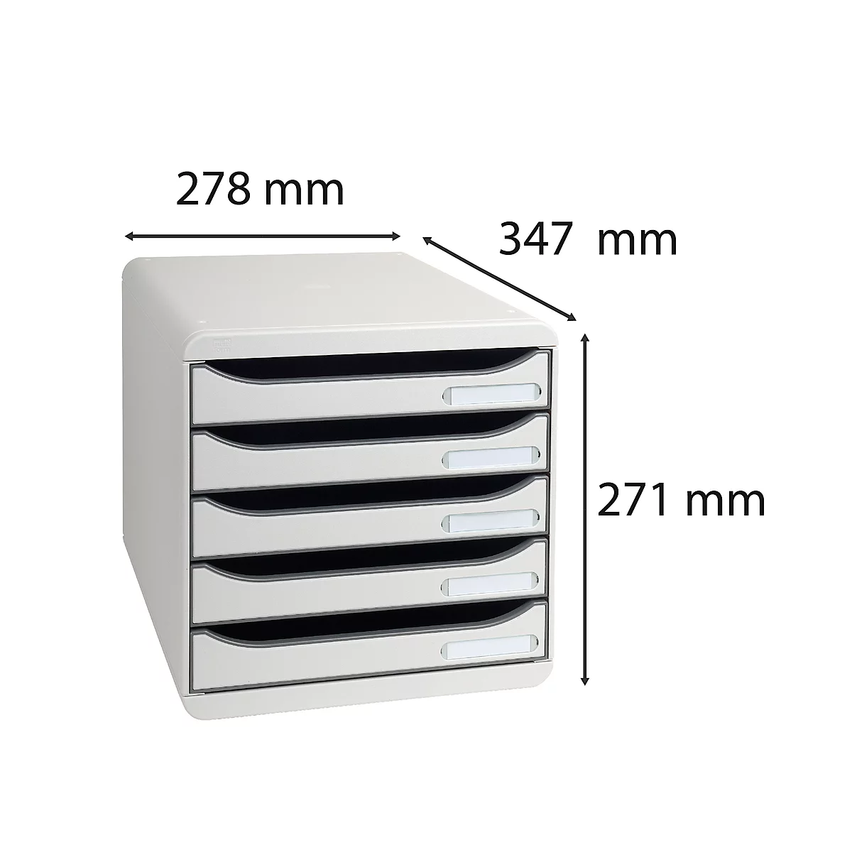 A white file organizer with six drawers. Dimensions: 278 mm x 347 mm x 271 mm.