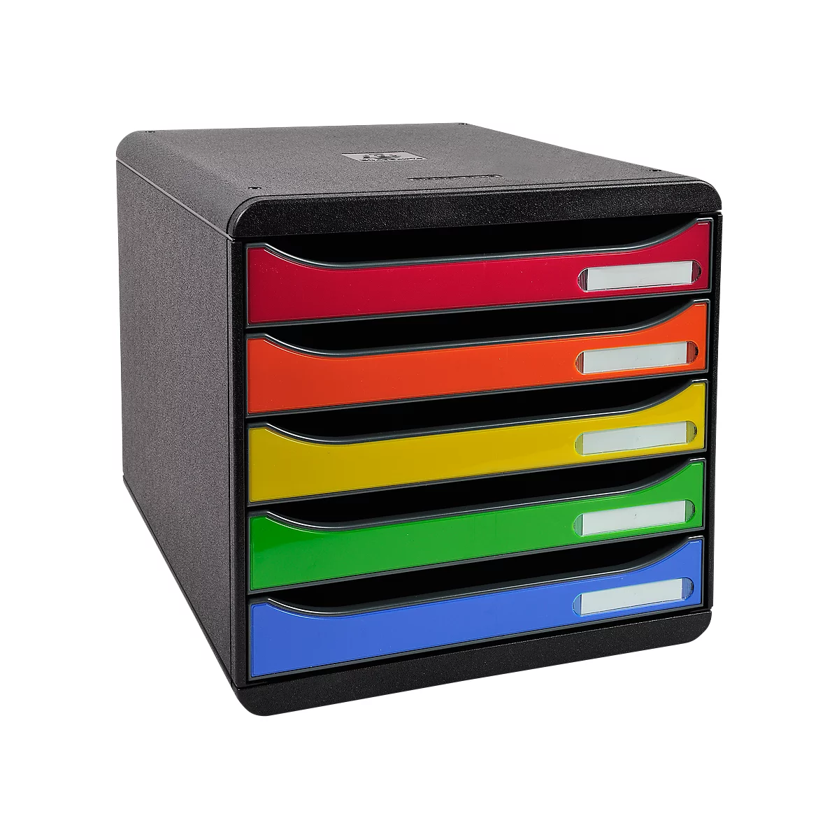 Black stacking file with 5 colored compartments. Each compartment has a label. Colors: red, orange, yellow, green, blue.
