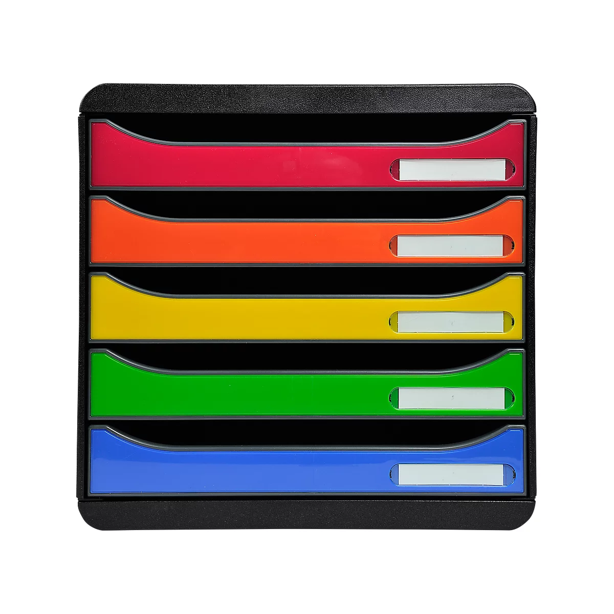 Filing system with five colored drawers in red, orange, yellow, green, and blue. Each drawer has a white label field.