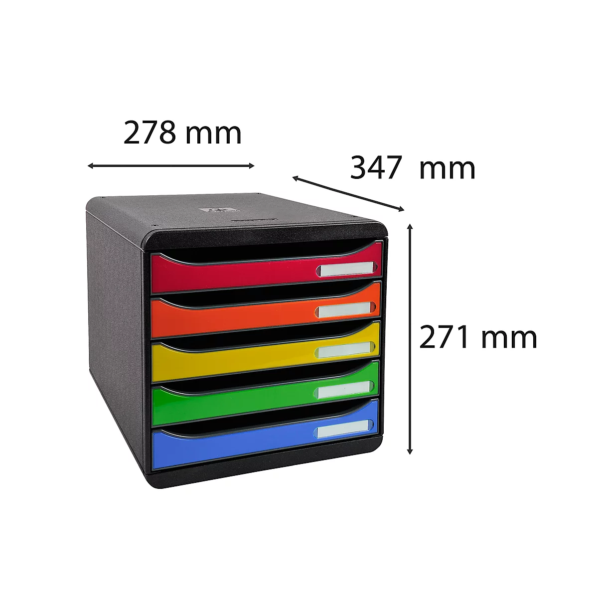 Black, stackable letter tray with five coloured drawers. Dimensions: 278x347x271 mm. Each drawer has a label field.