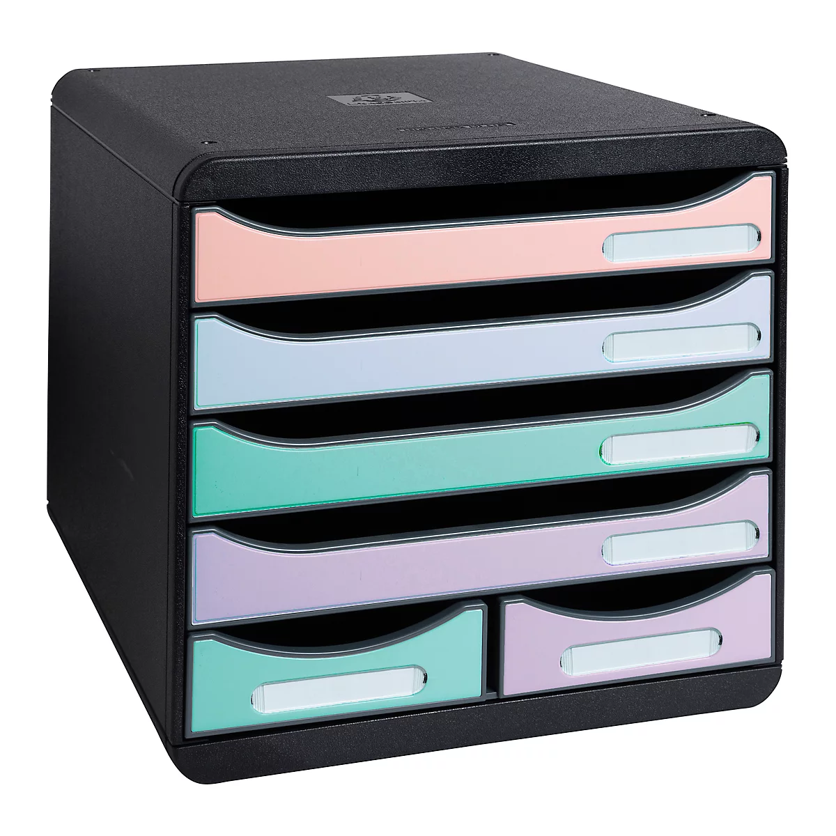 Black desk organiser with six colored drawers. Each drawer has a white name tag. The colors are pastel pink, purple, green, and light blue.