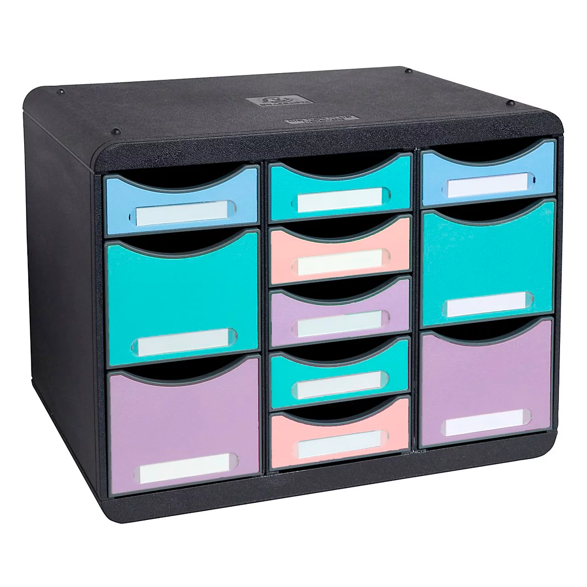 Black drawer cabinet with colorful drawers, labels. Various colors: blue, turquoise, pink, purple.