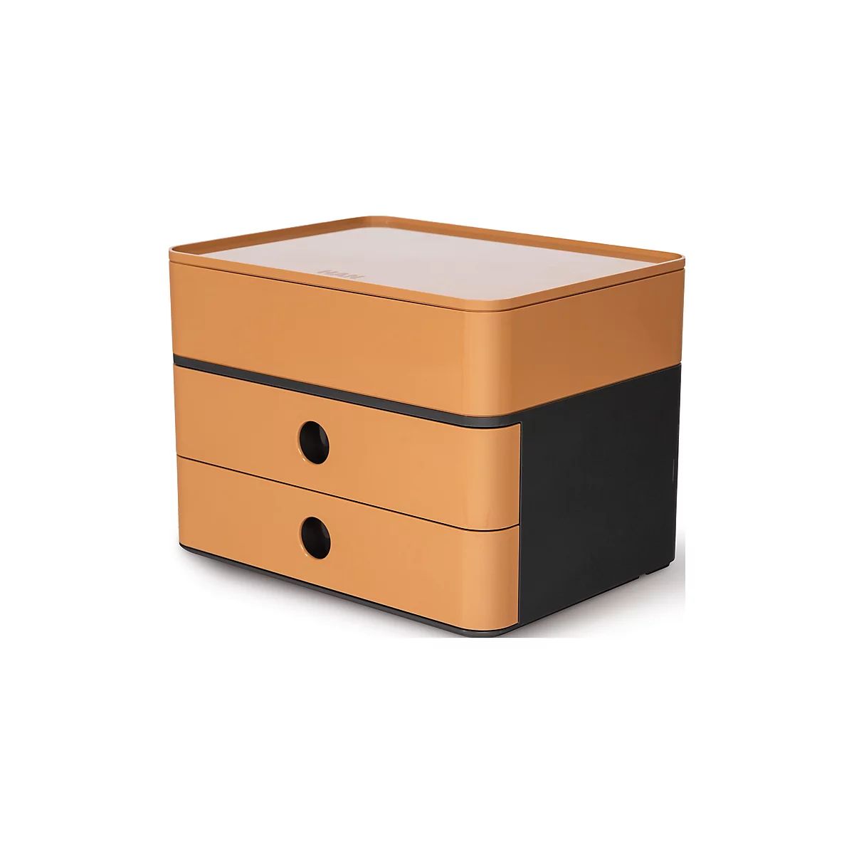 Compact, box-shaped desk organizer in orange. Two drawers, black handles, black sides.