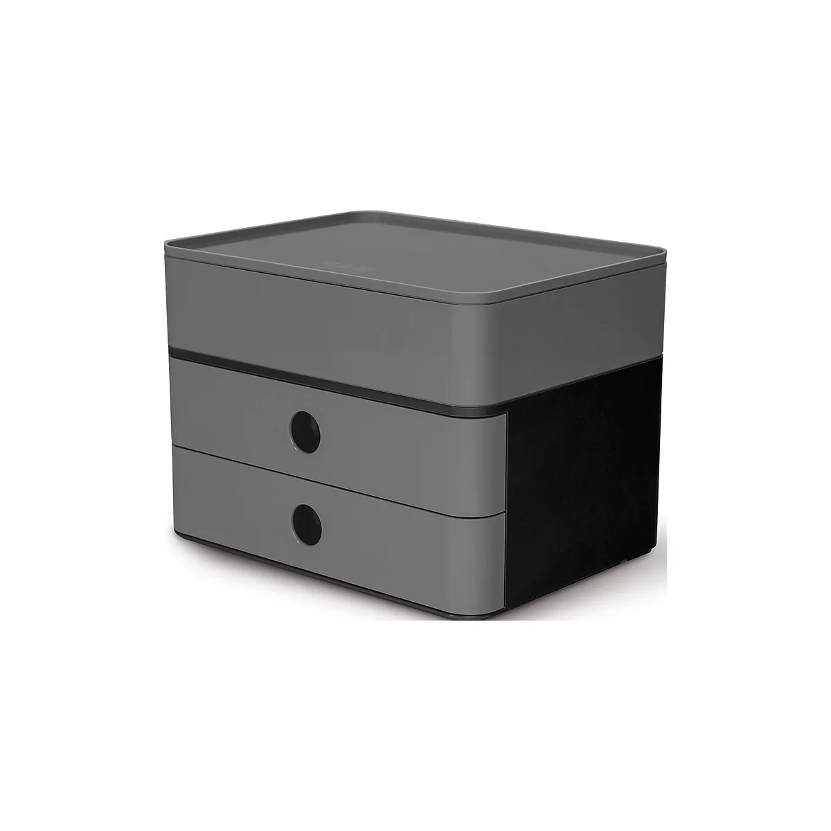 Grey drawer box with black elements and two round handles. There is a cover plate on top.
