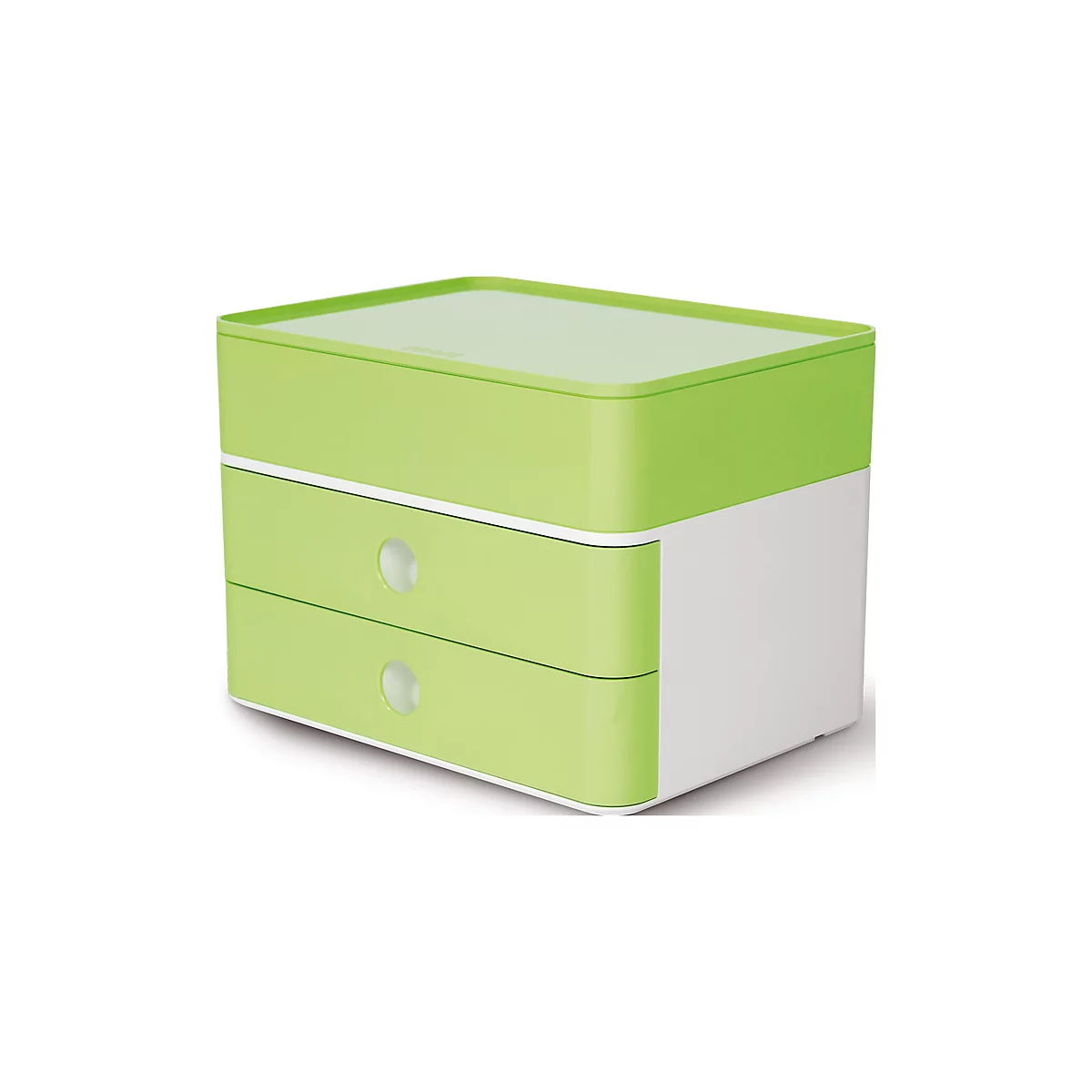Green drawer box with two drawers and white handles. The top is also green and the bottom white.