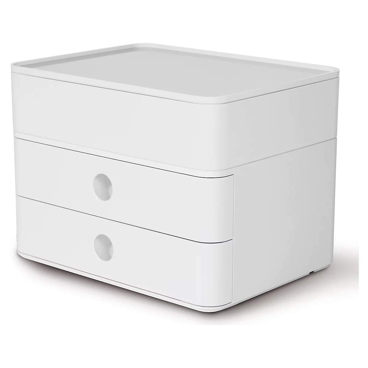 White bedside table with two drawers and round knobs. A storage surface on top.