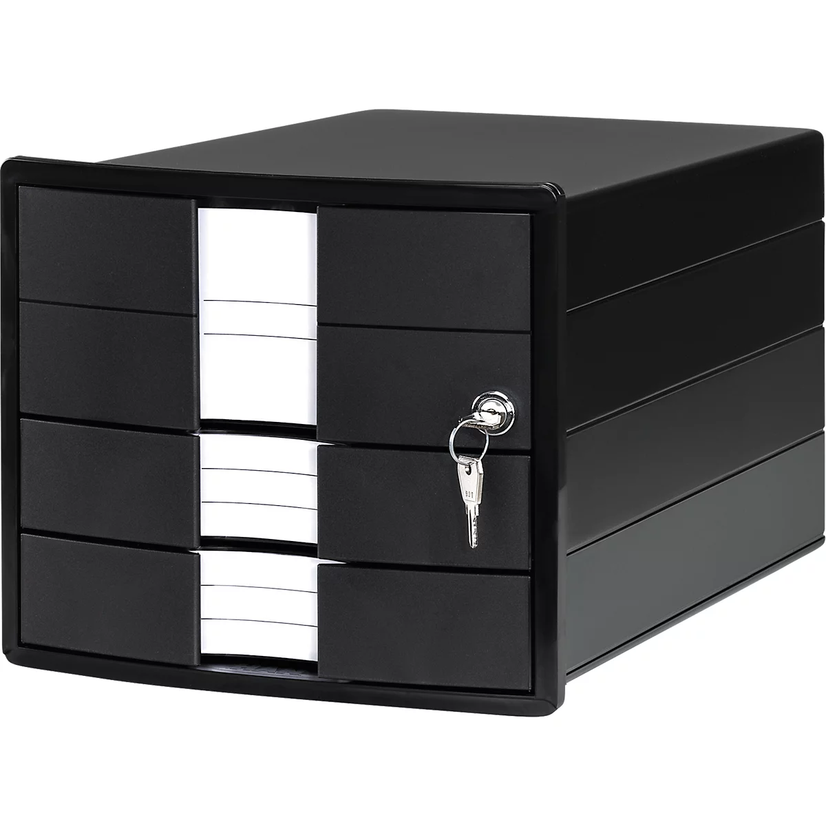 Black drawer cabinet with white paper inside the drawers and a key.